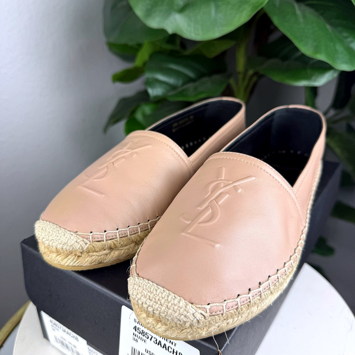Authentic Saint Laurent YSL Nude Leather Espadrille Flats - 01_photo.jpg