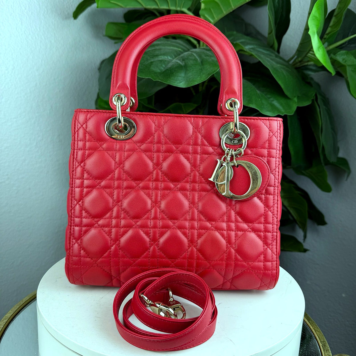 Authentic Dior Lady Dior Medium Red Lambskin Cannage Quilted Bag - 01_photo.jpg