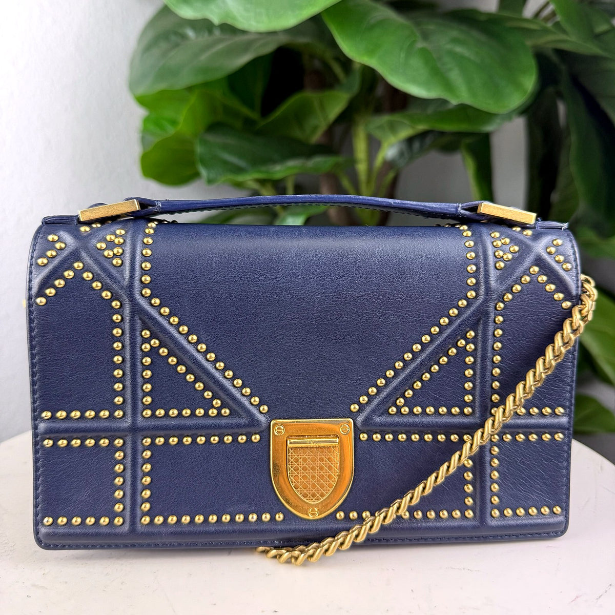 Authentic Dior Diorama Studded Flap Bag Navy Blue Leather Gold Hardware - 01_photo.jpg
