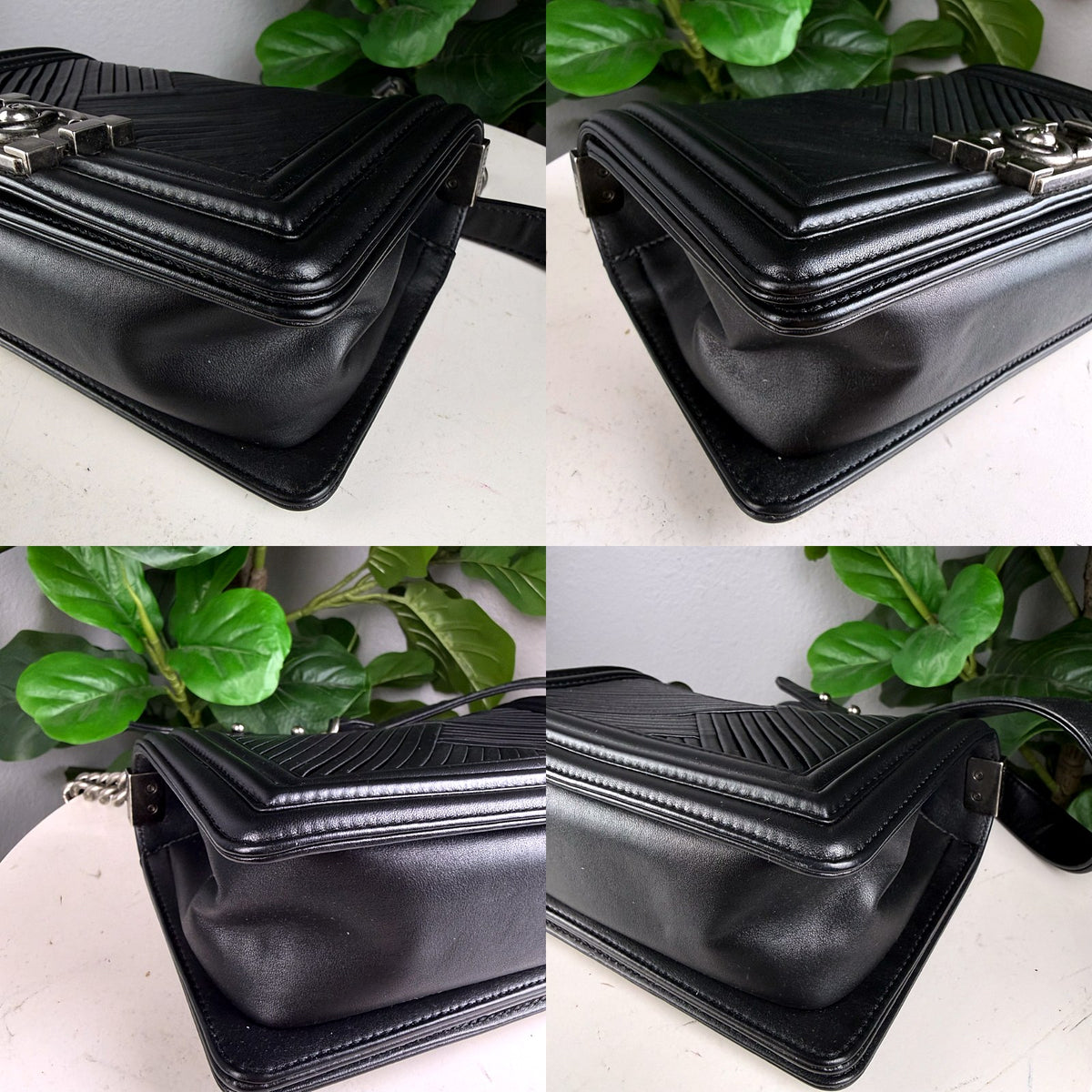 Authentic Chanel Boy Small Black Chevron Calfskin Flap Bag Ruthenium Hardware - 03_corners.jpg