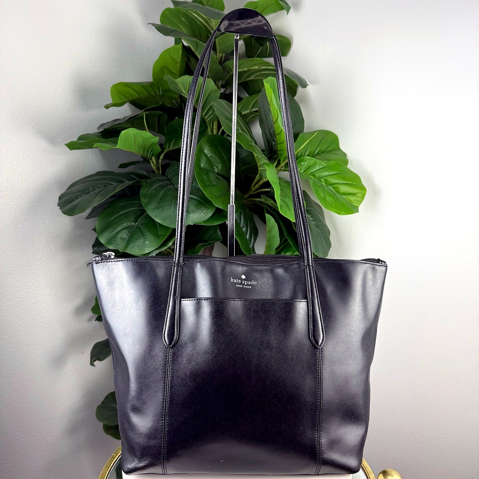 Kate Spade New York Black Leather Zip-Top Tote Bag