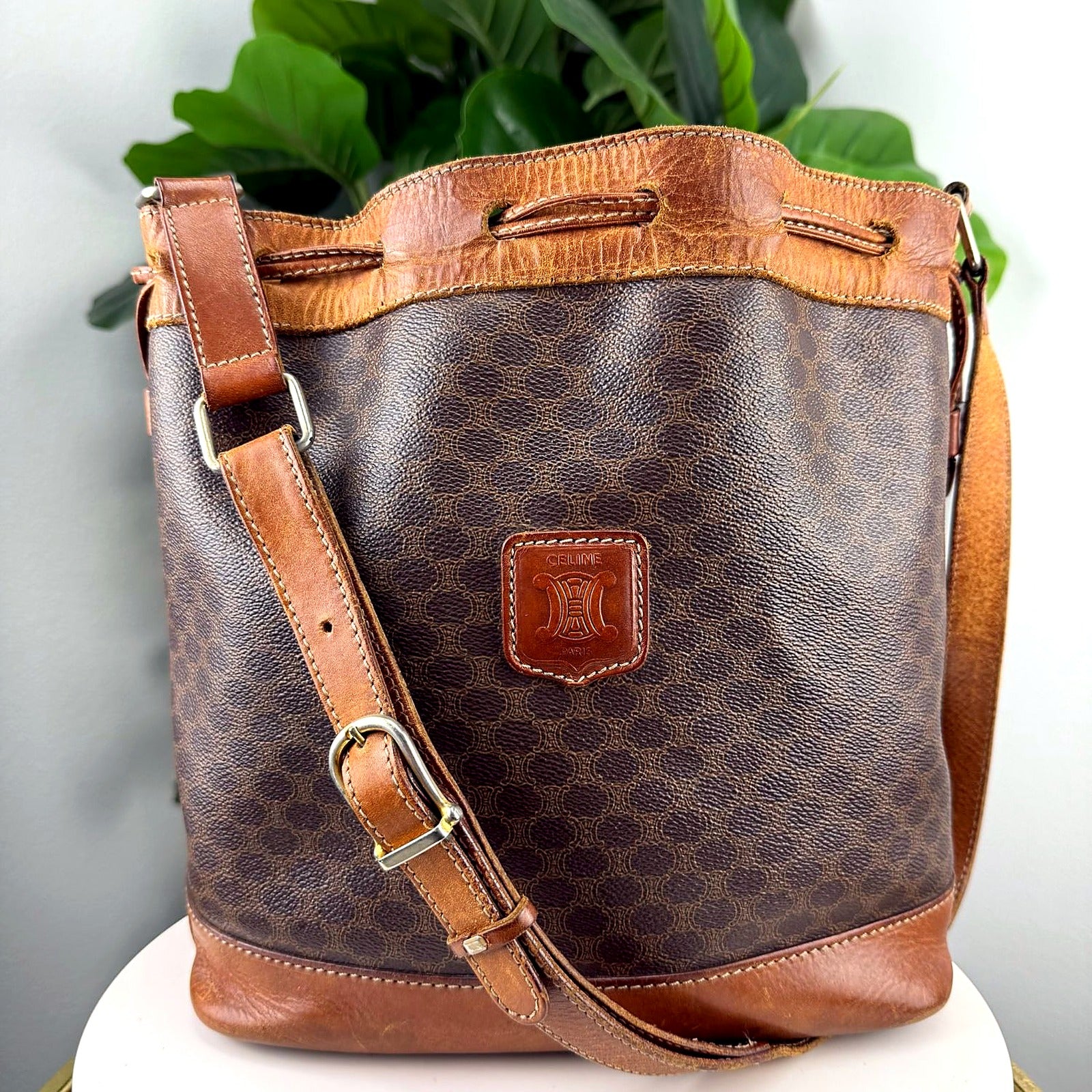 Celine Vintage Macadam Triomphe Canvas Bucket Bag