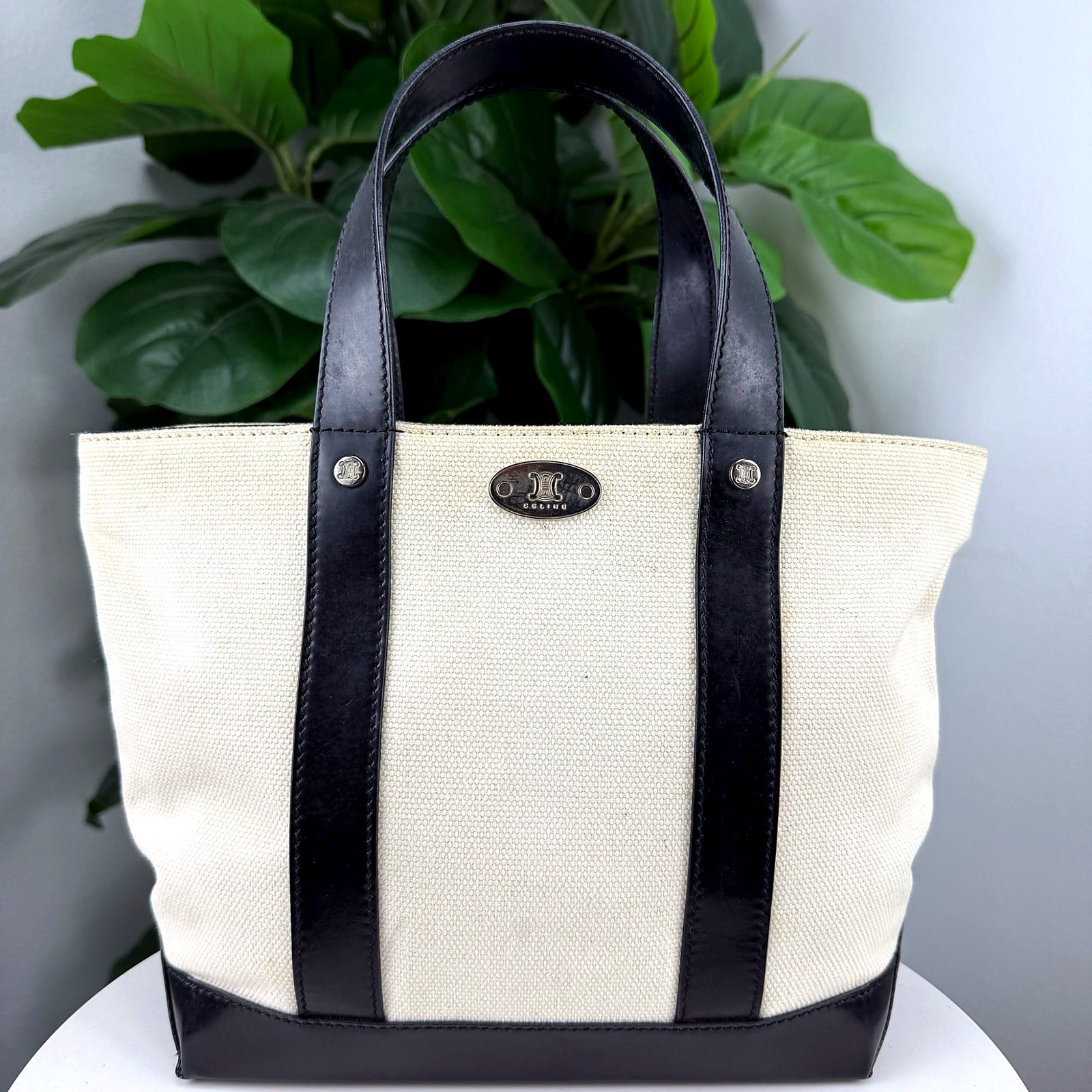 Celine Ivory Canvas Tote Bag with Black Leather Trim