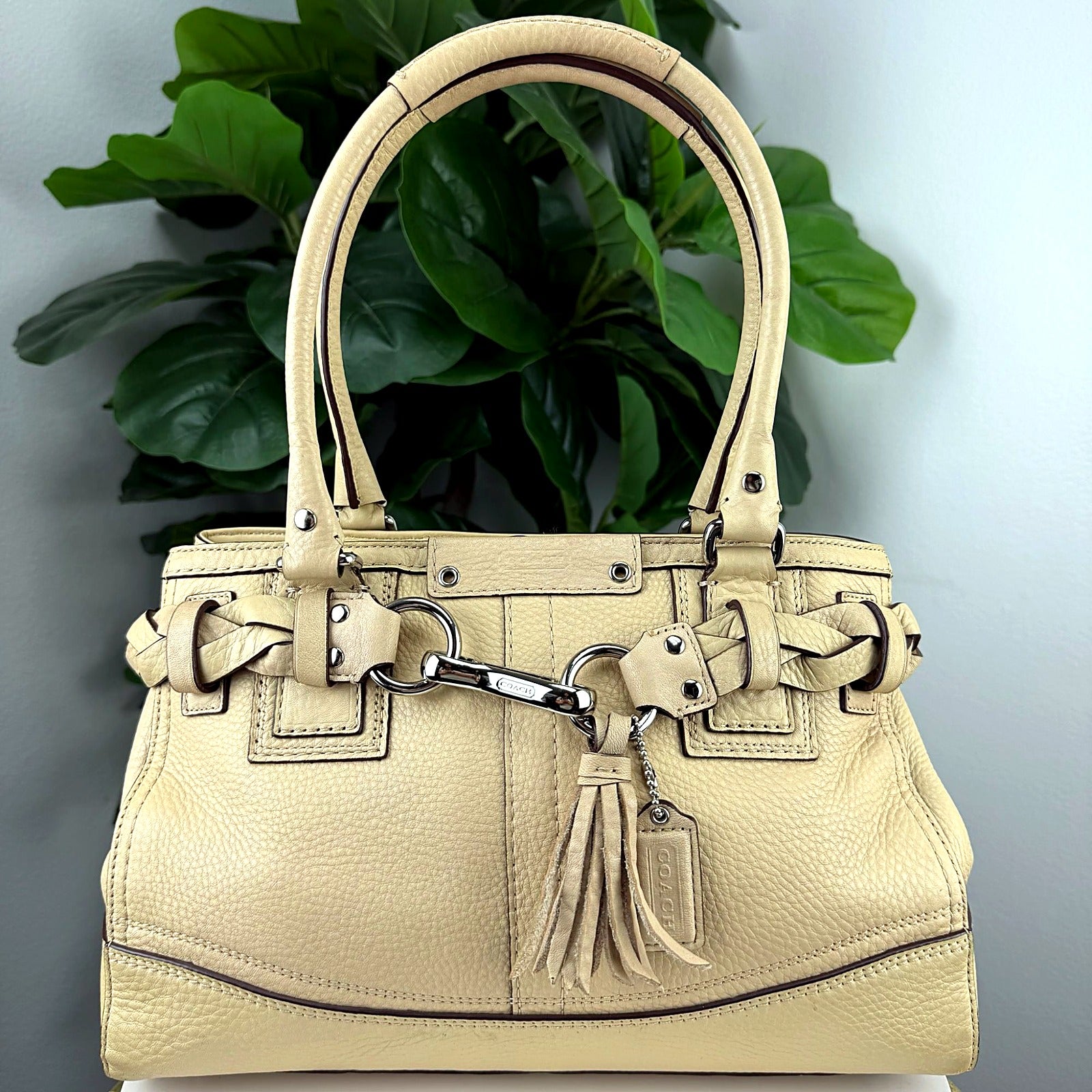 Authentic Coach Tan Pebbled Leather Satchel - Braided Knot Hardware, Tassel Fob
