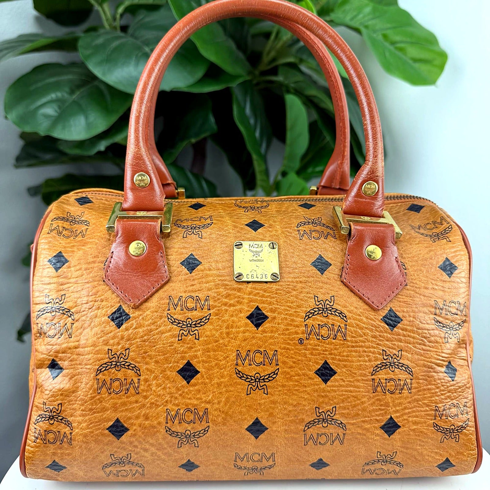 Authentic MCM Tan Visetos Speedy Bowling Bag - C6436