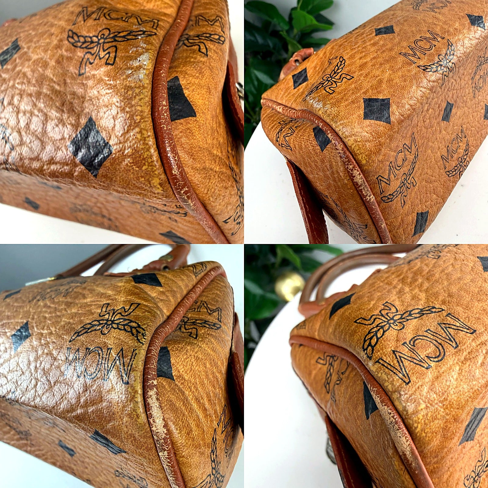Authentic MCM Tan Visetos Boston Bag - 14418