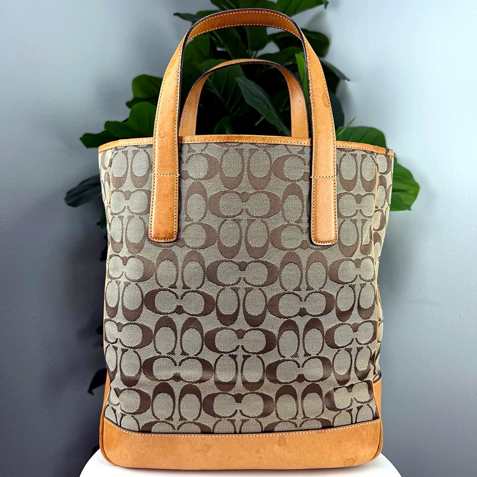 Authentic Coach Tan Signature Canvas Jacquard Tote - Leather Trim