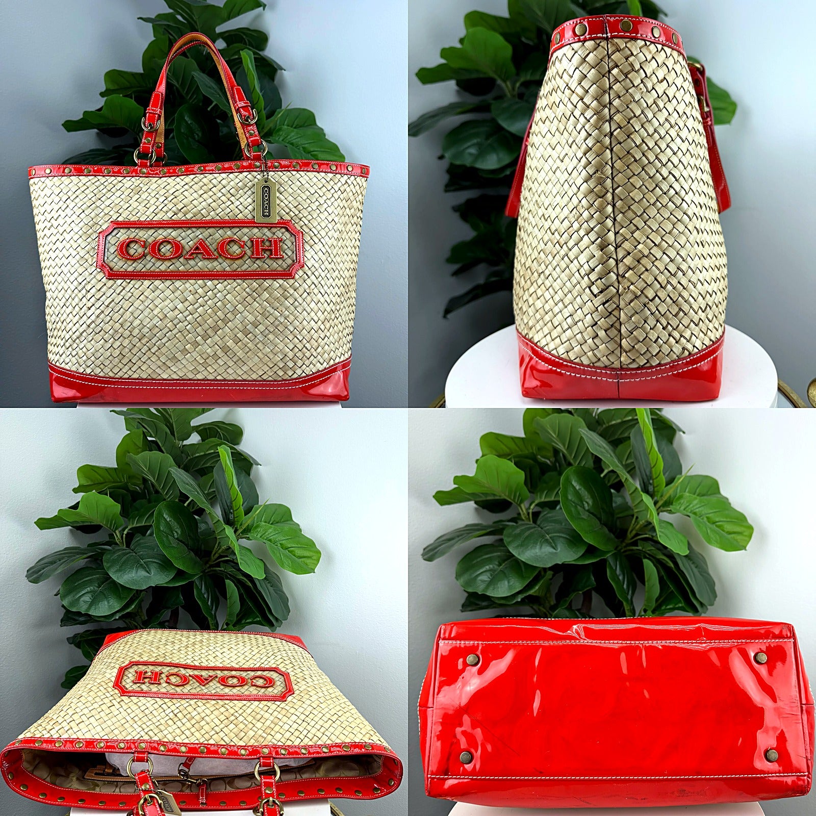 Authentic Coach Legacy Straw Weekend Tote - Red Patent Trim