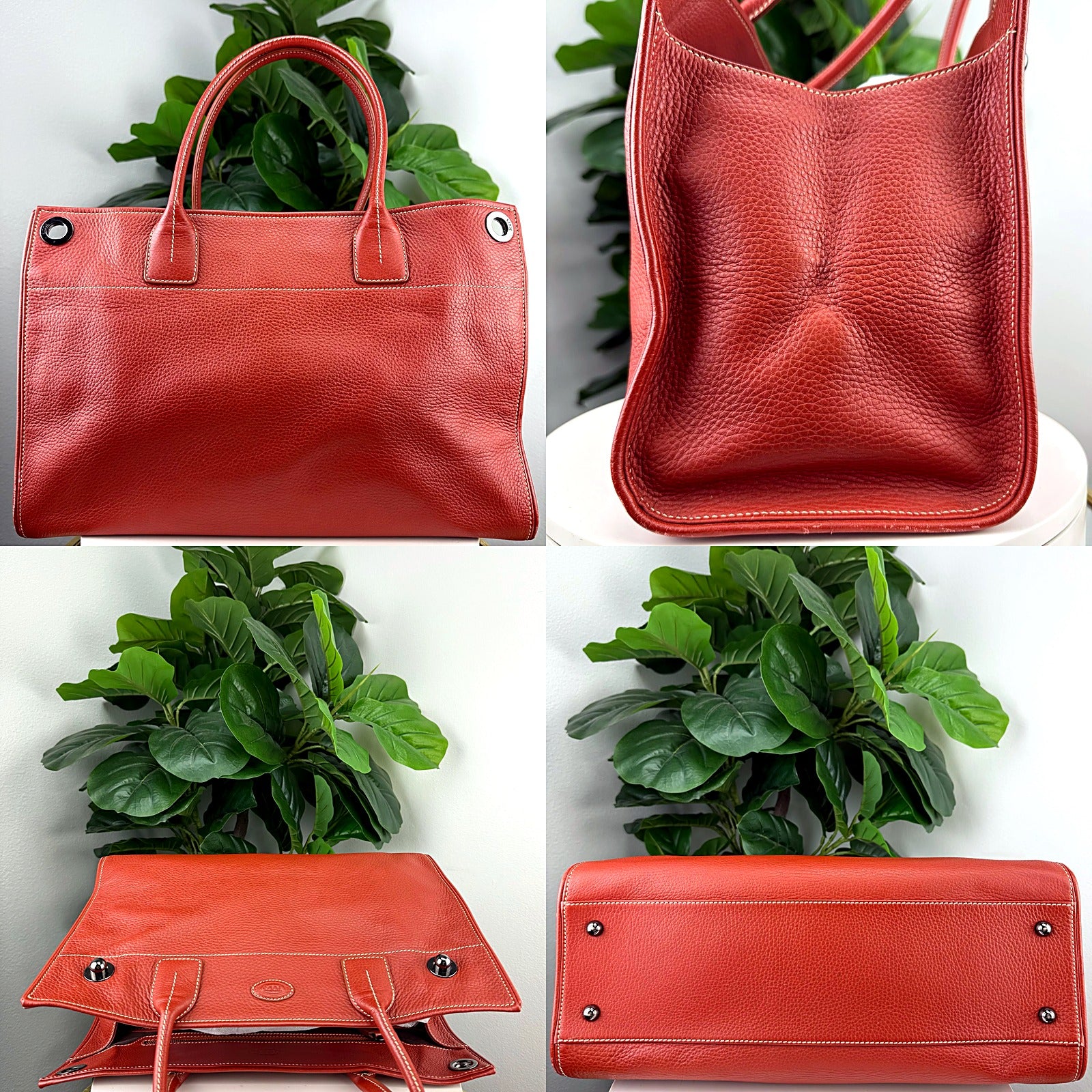 Authentic Tod's Red Pebbled Leather Tote - Oval Logo Plate