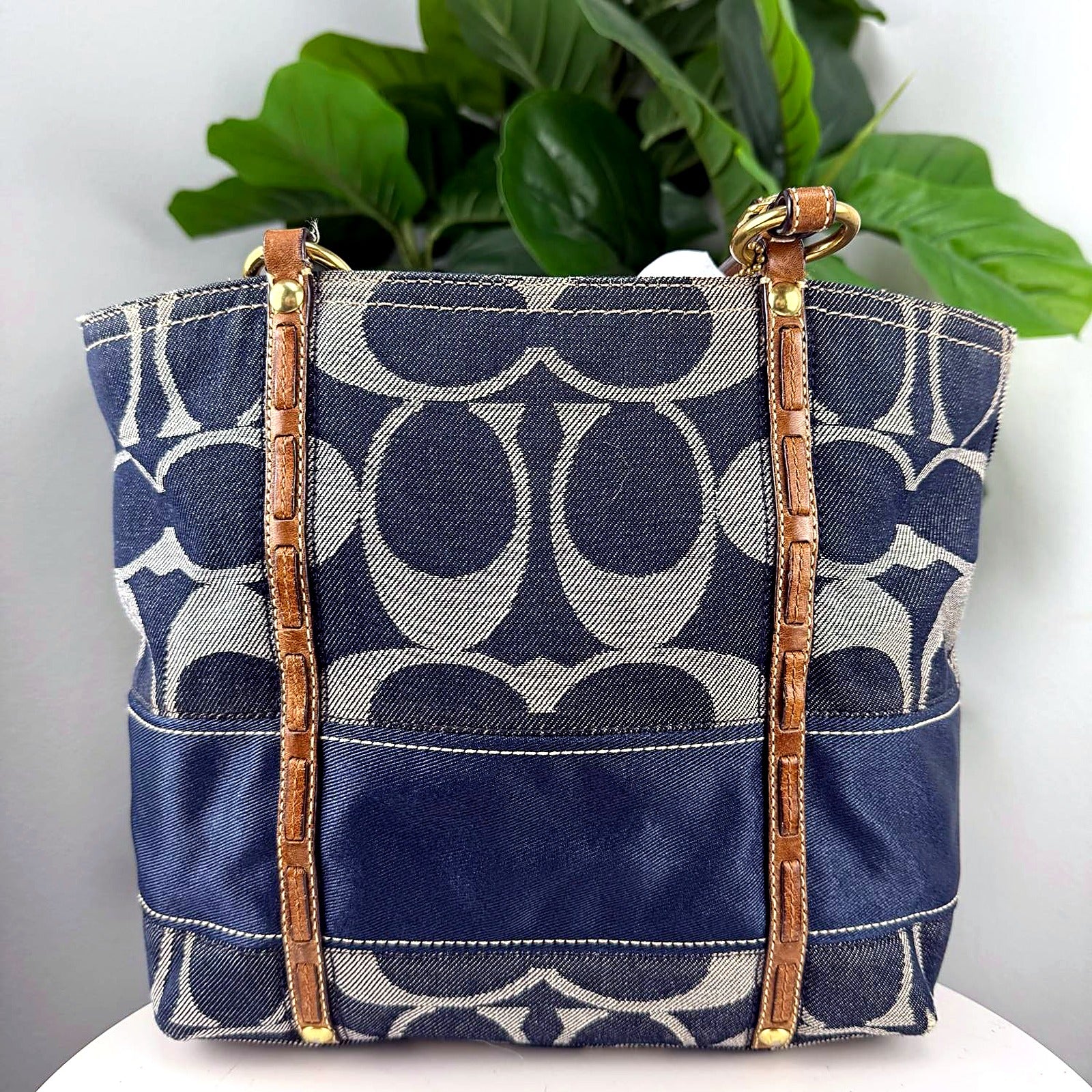 Authentic Coach Denim Signature Tote - Indigo Denim, Tan Leather Trim