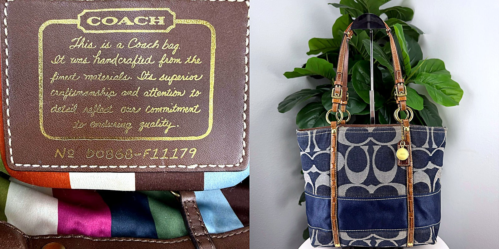 Authentic Coach Denim Signature Tote - Indigo Denim, Tan Leather Trim