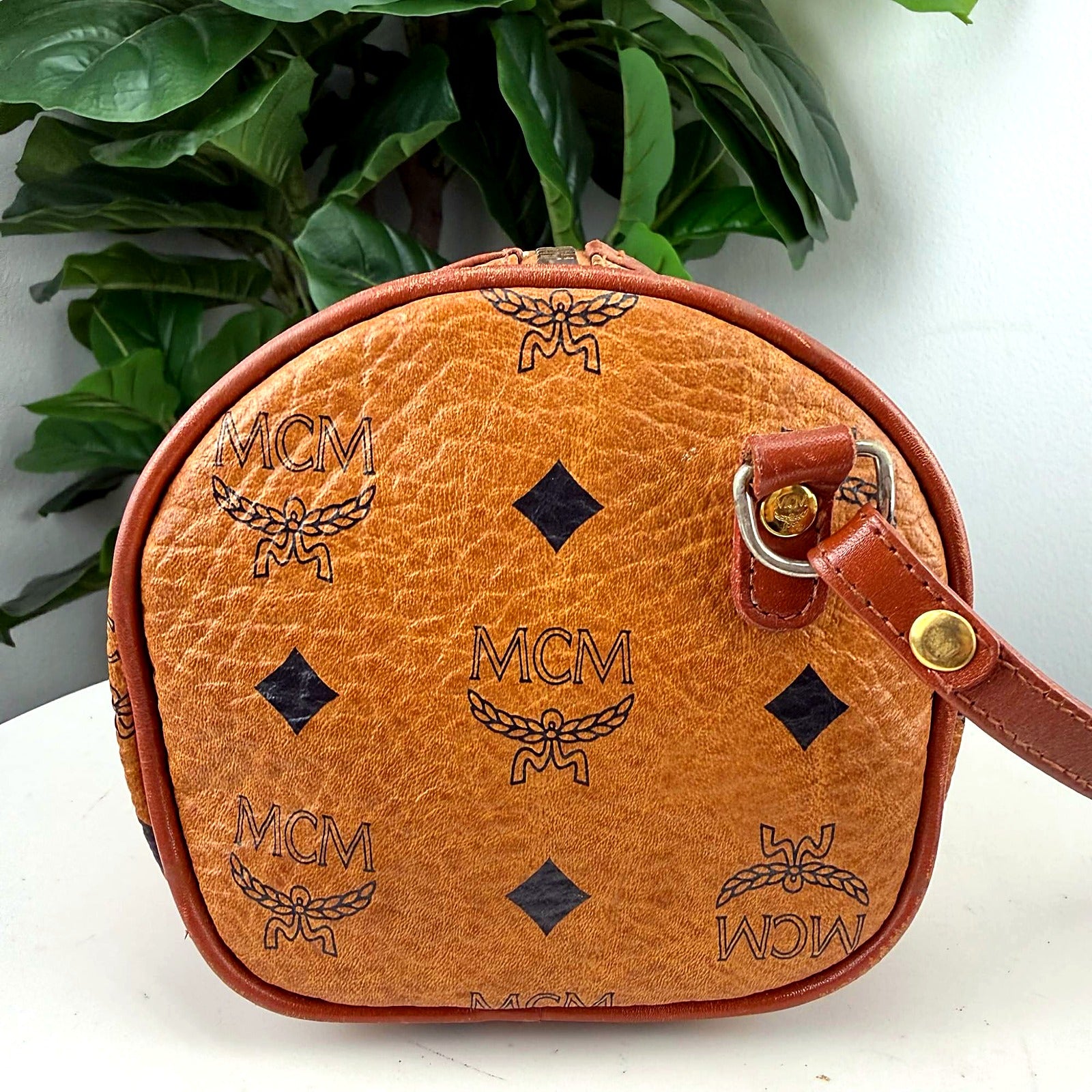 Authentic MCM Cognac Visetos Barrel Duffel Bag - 5343K