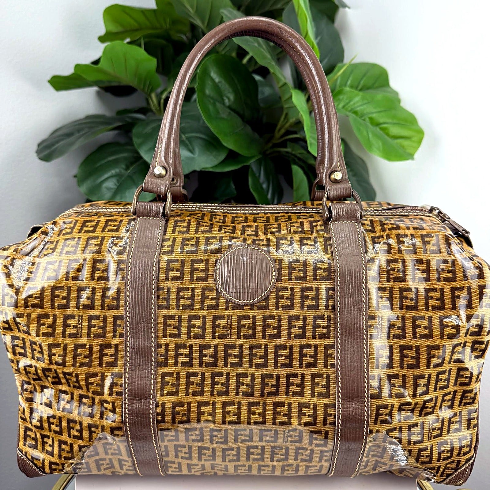Fendi Zucchino Coated Canvas Boston Bag - Brown Leather Trim
