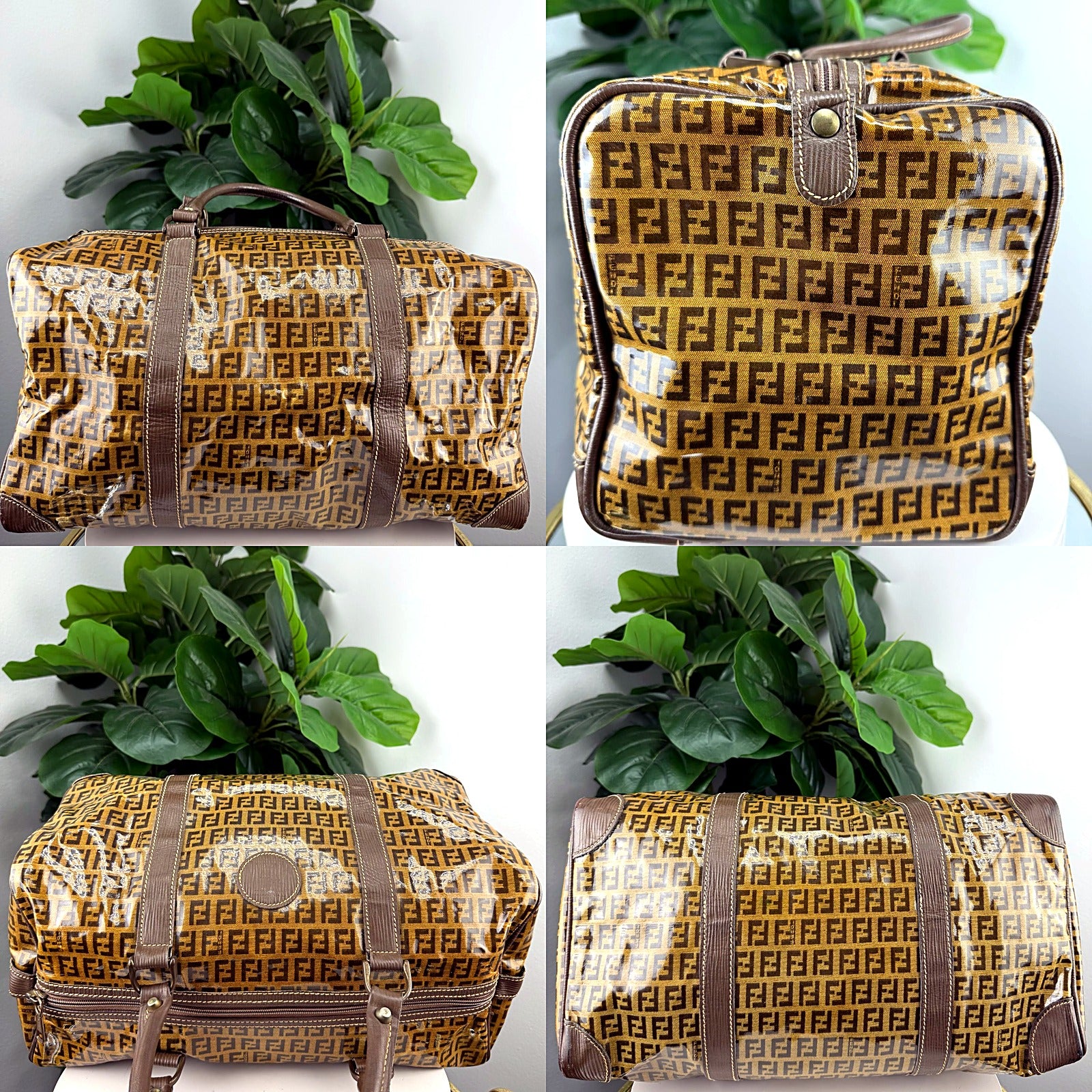 Fendi Zucchino Coated Canvas Boston Bag - Brown Leather Trim
