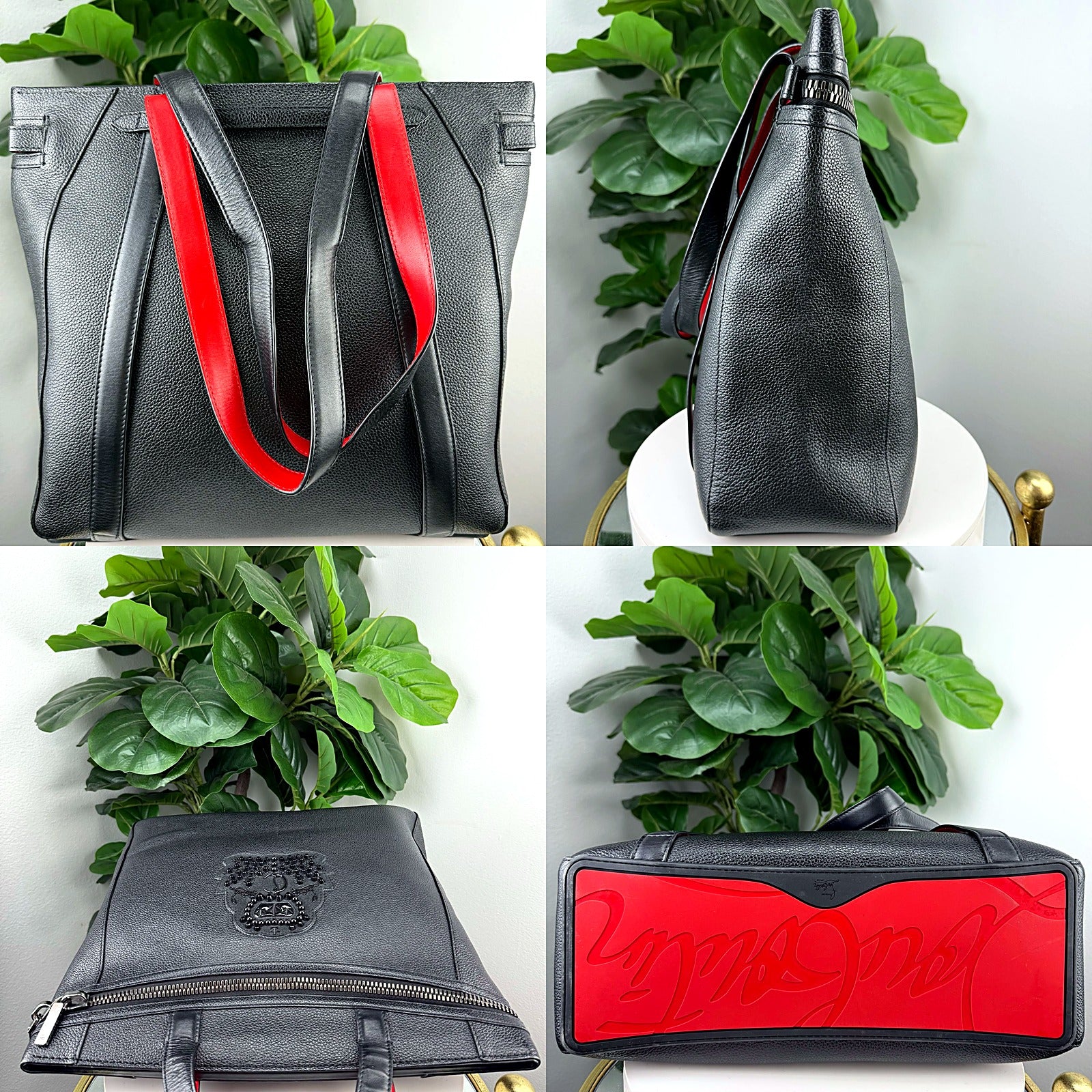 Authentic Christian Louboutin Black Leather Crest Convertible Backpack Tote Bag
