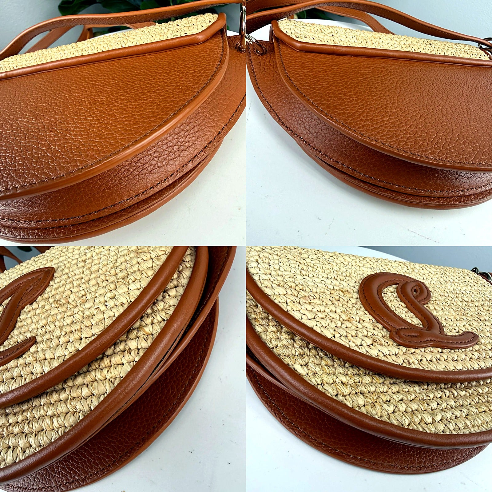 Authentic Christian Louboutin Woven Raffia Half-Moon Saddle Crossbody Bag