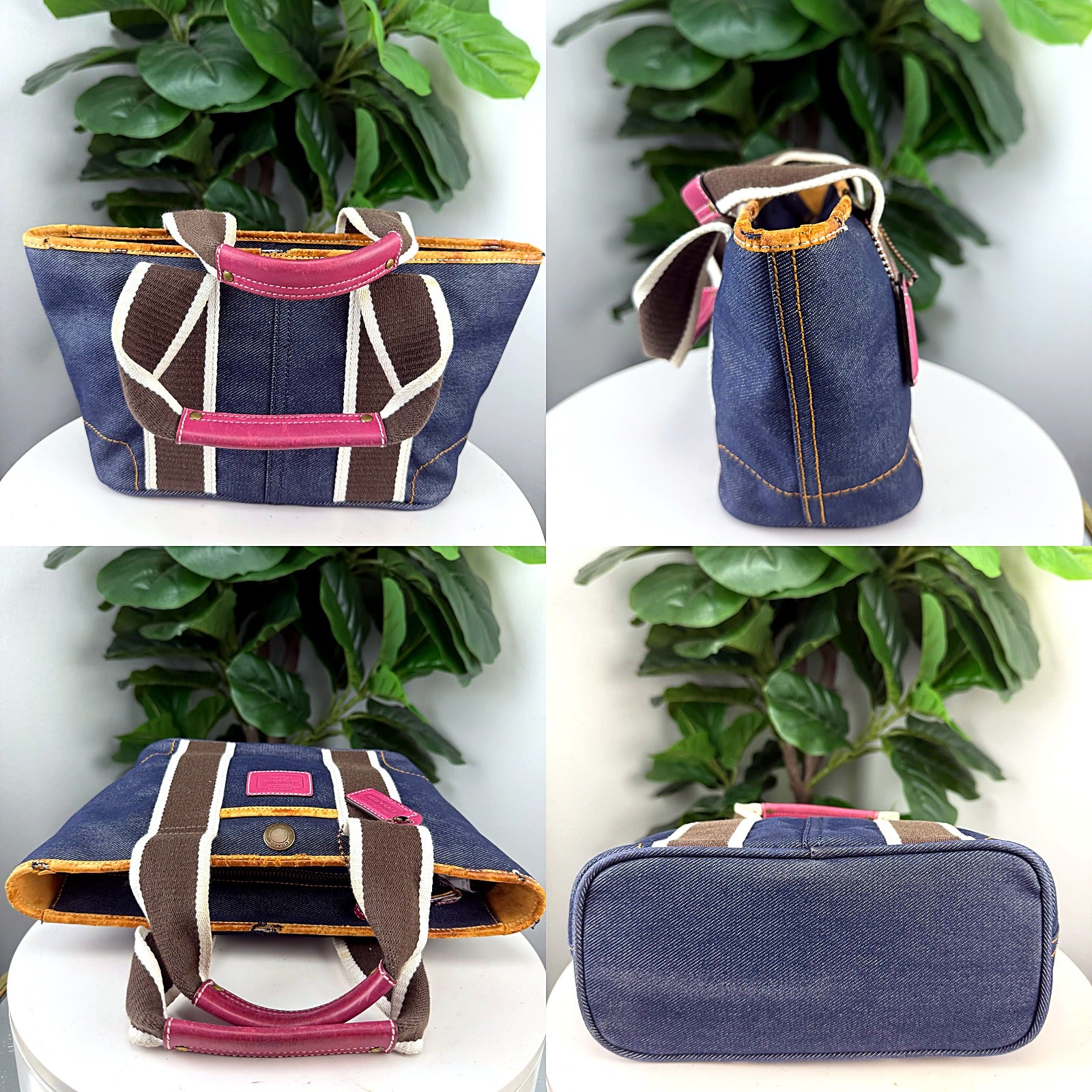 Authentic Vintage Coach Denim Tote Bag with Pink Leather Trim