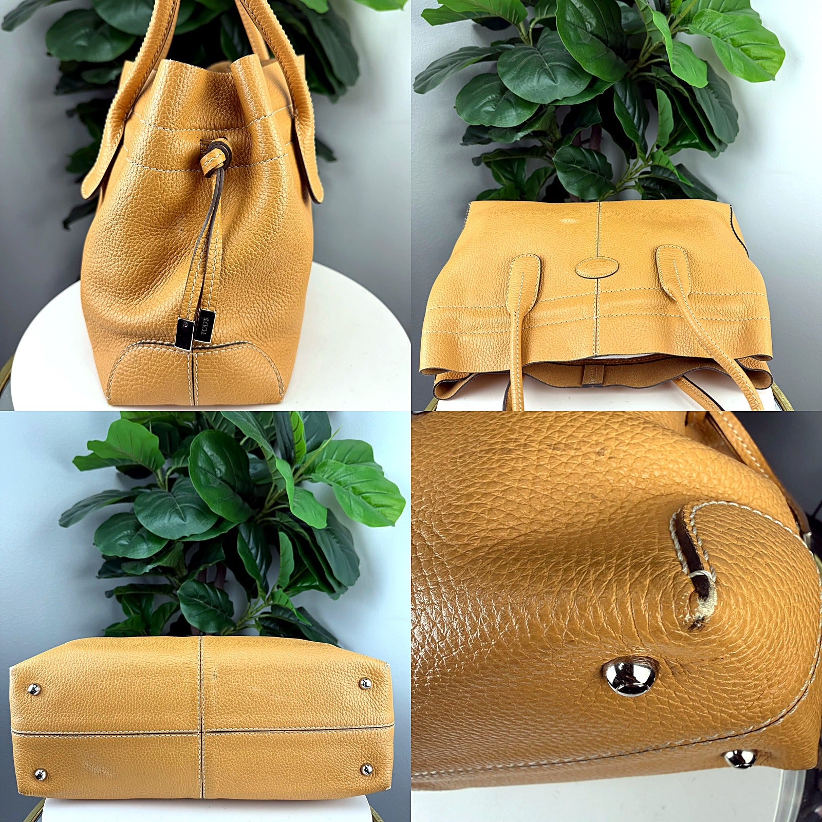 Tod's tan pebbled leather tote detail grid 1
