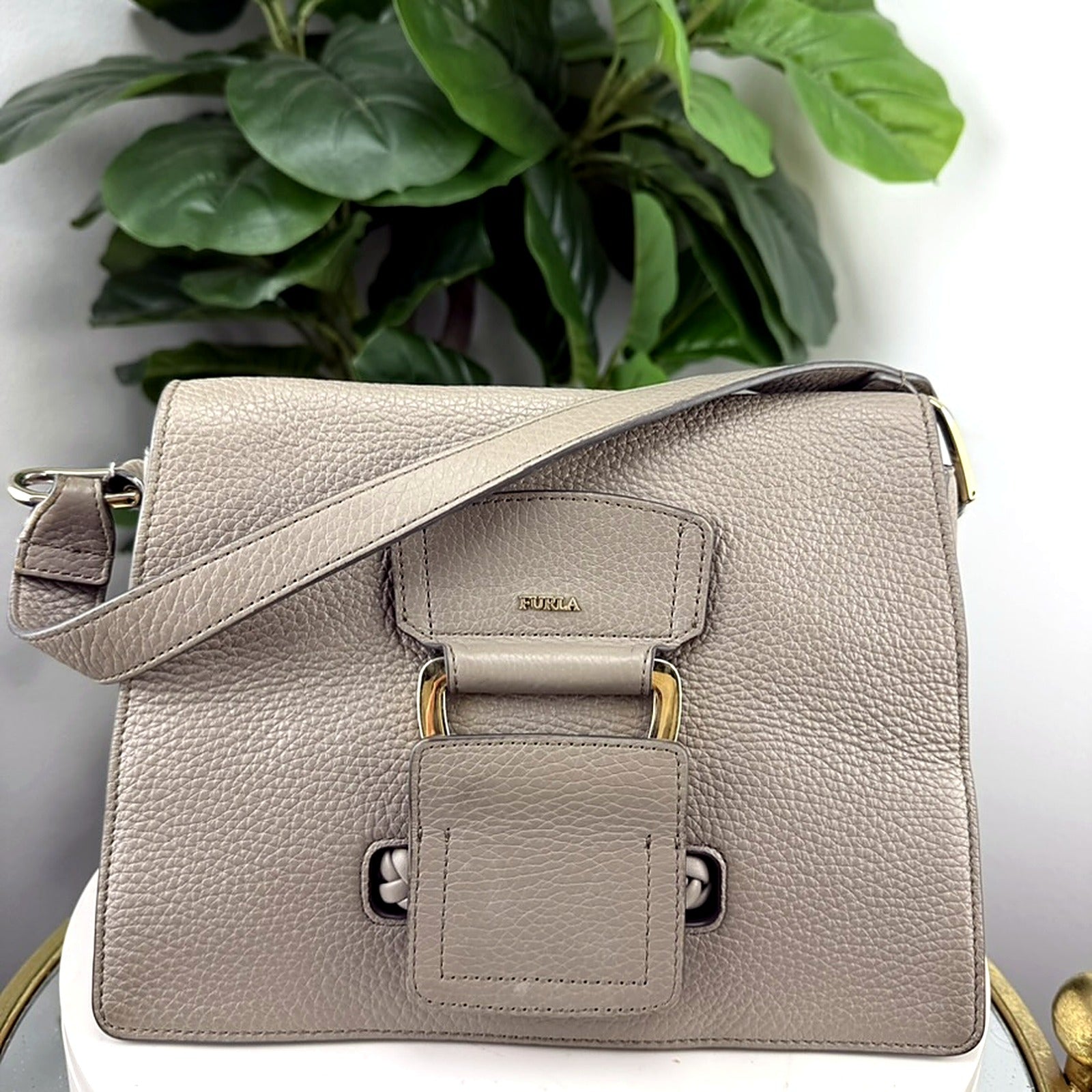 Authentic Furla Taupe Pebbled Leather Satchel Bag - front