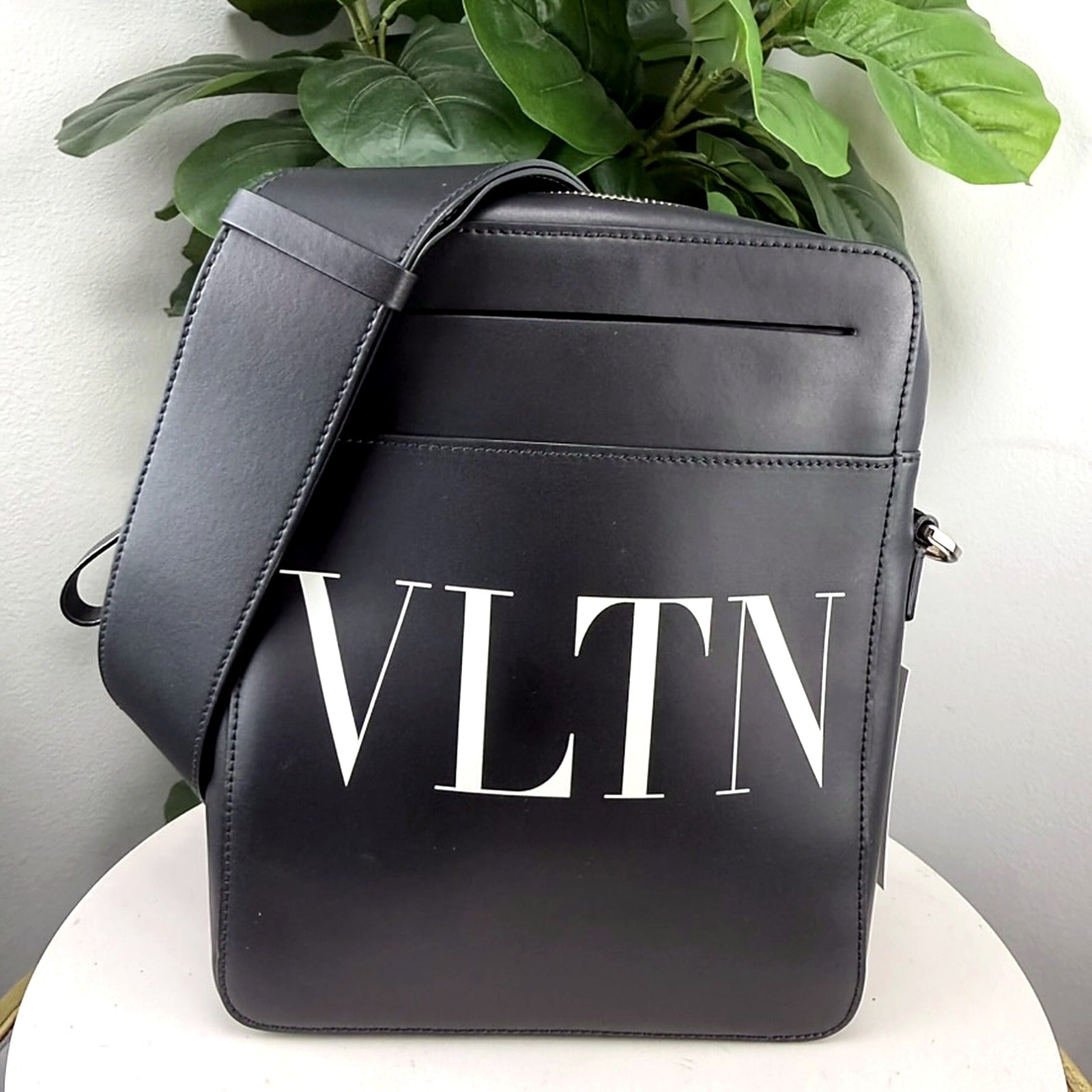 Authentic Valentino Garavani VLTN Black Leather Messenger Crossbody Bag - front