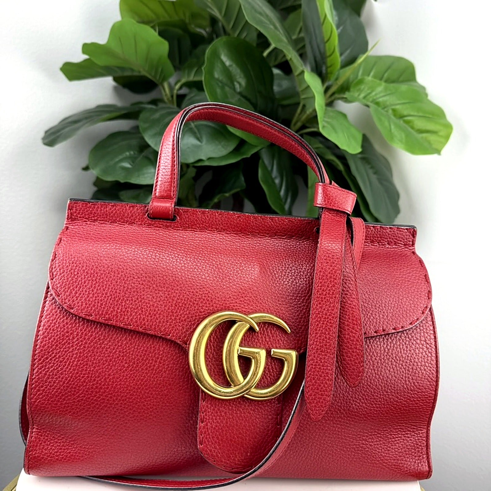 Authentic Gucci GG Marmont Red Pebbled Leather Satchel Bag - front