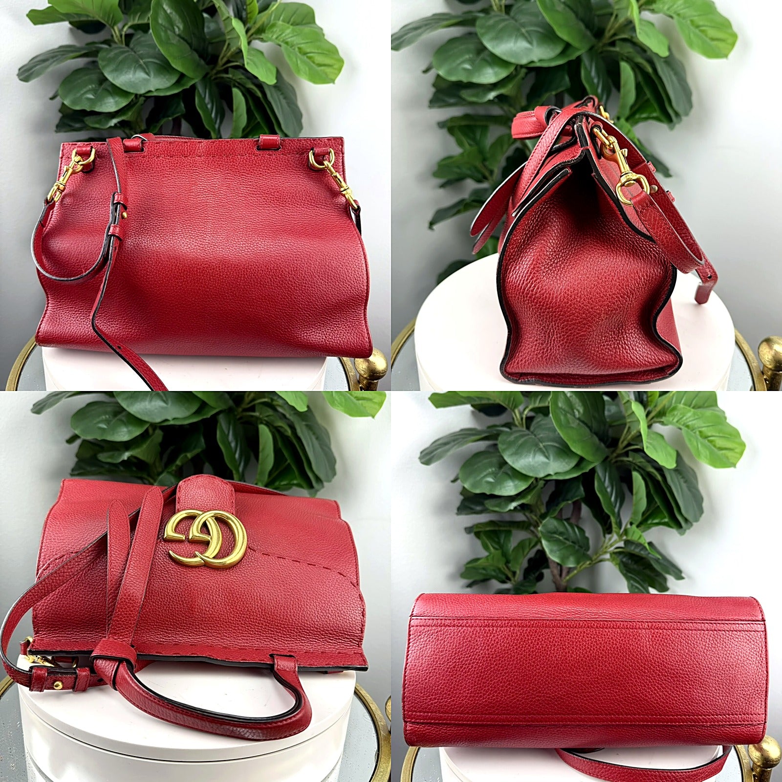 Authentic Gucci GG Marmont Red Pebbled Leather Satchel Bag - detail 1