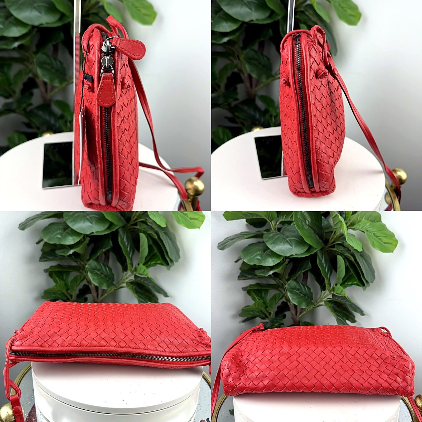 Authentic Bottega Veneta Red Intrecciato Woven Leather Crossbody Bag - detail grid 1
