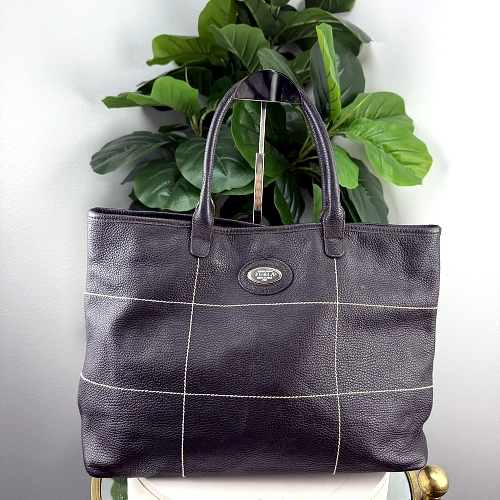 Authentic Vintage Furla Black Pebbled Leather Tote - front