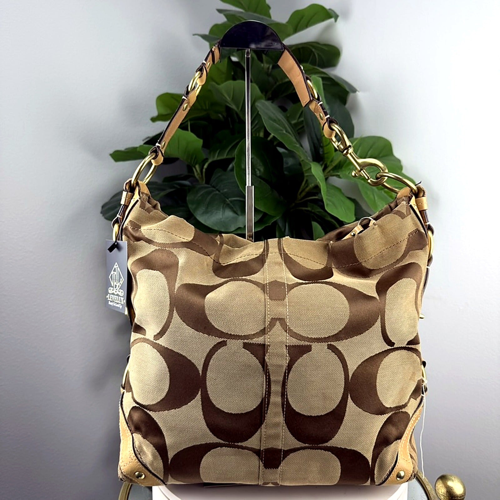 Authentic Coach Signature Khaki Jacquard Hobo Bag - front