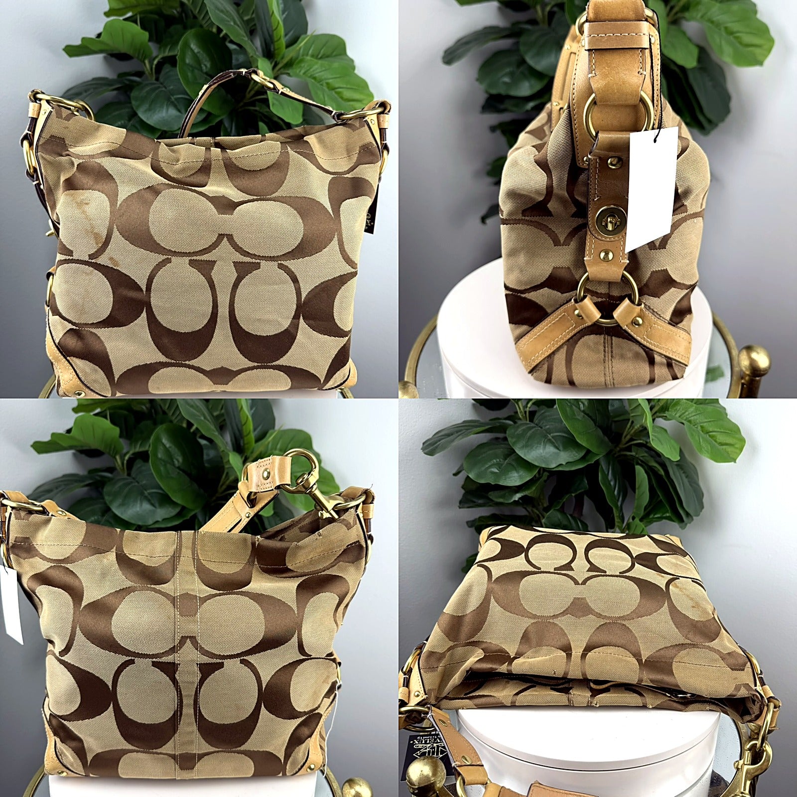 Authentic Coach Signature Khaki Jacquard Hobo Bag - detail grid 1