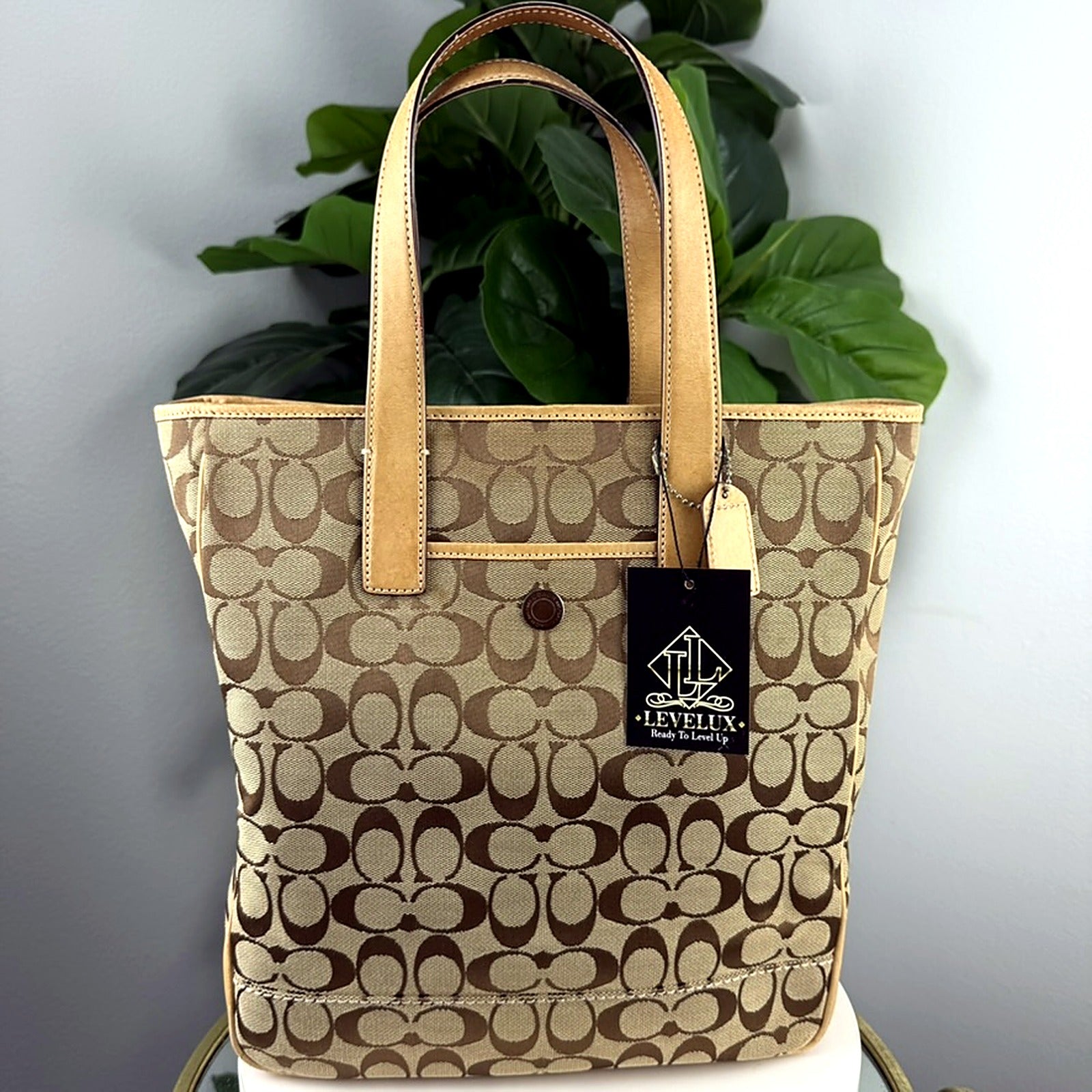 Authentic Coach Signature Khaki Canvas Bucket Tote Bag - front
