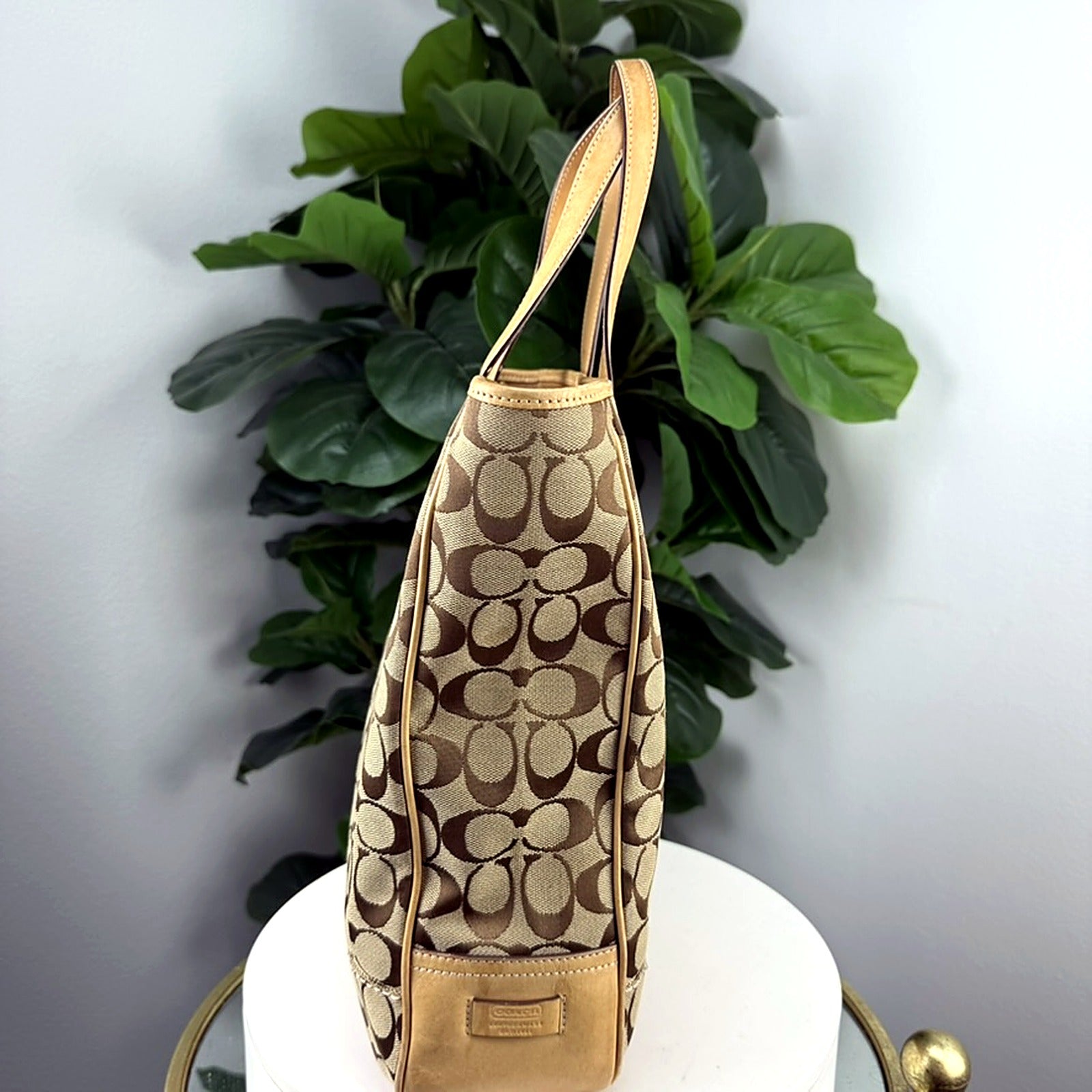 Authentic Coach Signature Khaki Canvas Bucket Tote Bag - back