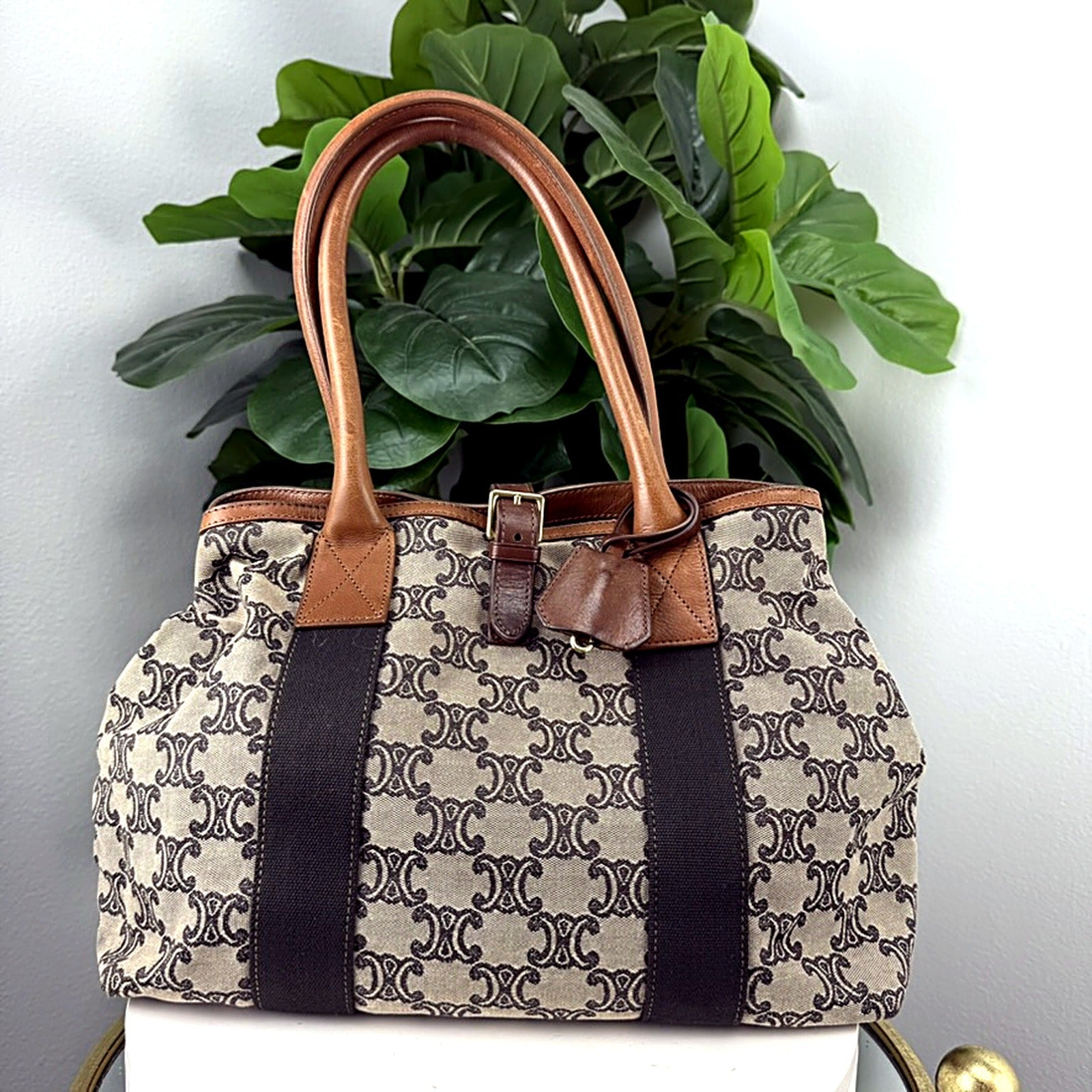 Authentic vintage Celine Macadam monogram canvas duffel tote - front