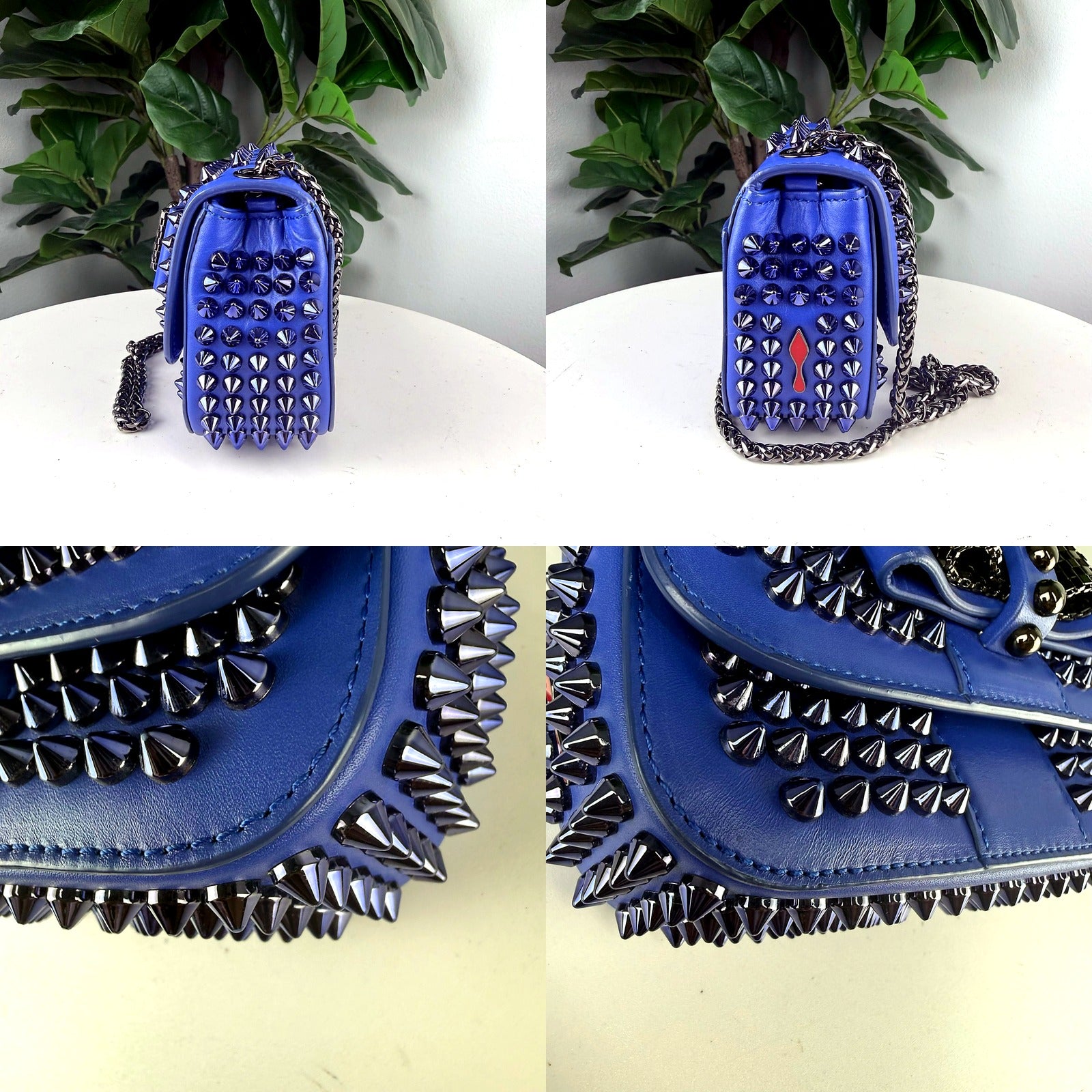 Authentic Christian Louboutin Sweet Charity crossbody bag - side profiles and spike texture detail