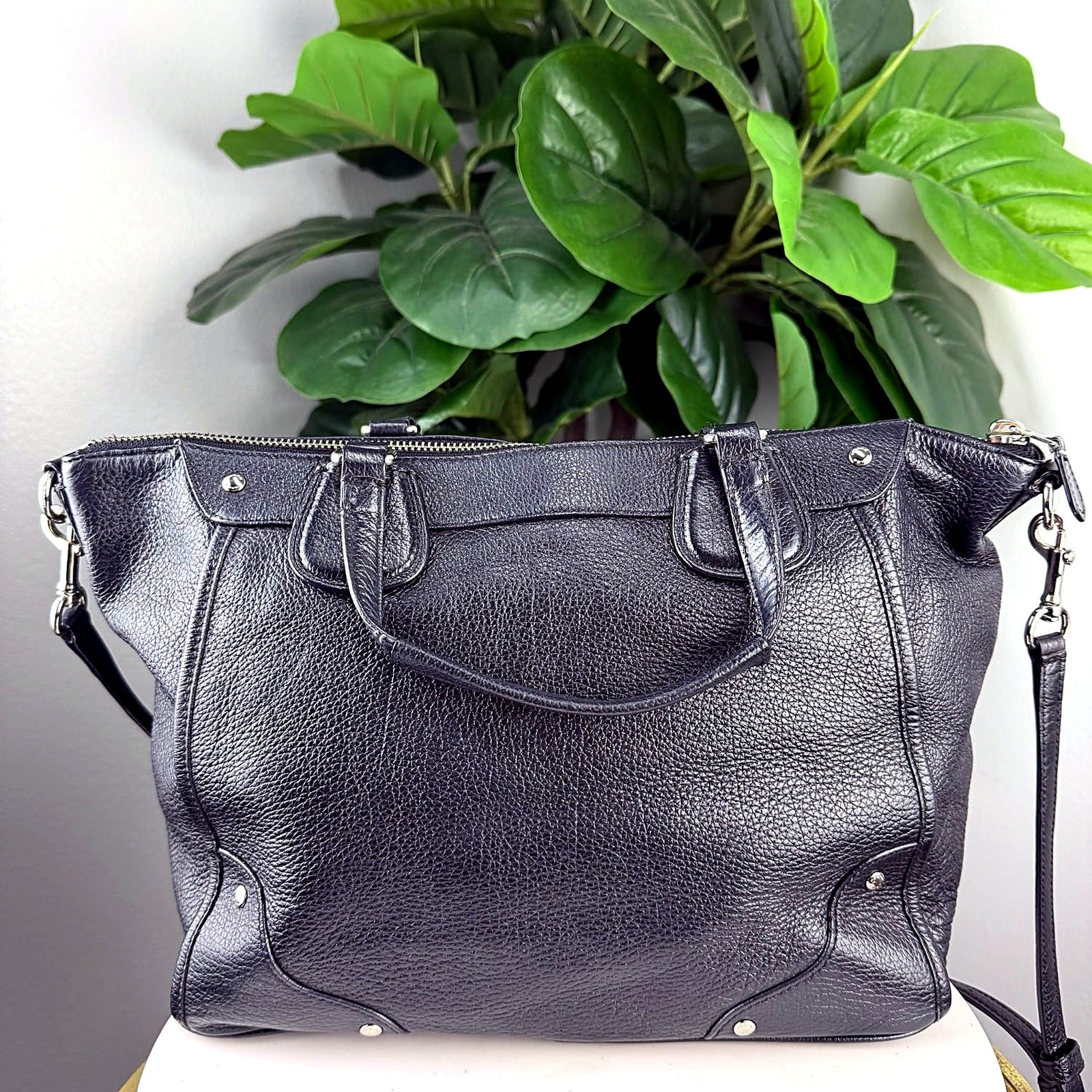 Authentic Coach black pebbled leather satchel crossbody bag - back view