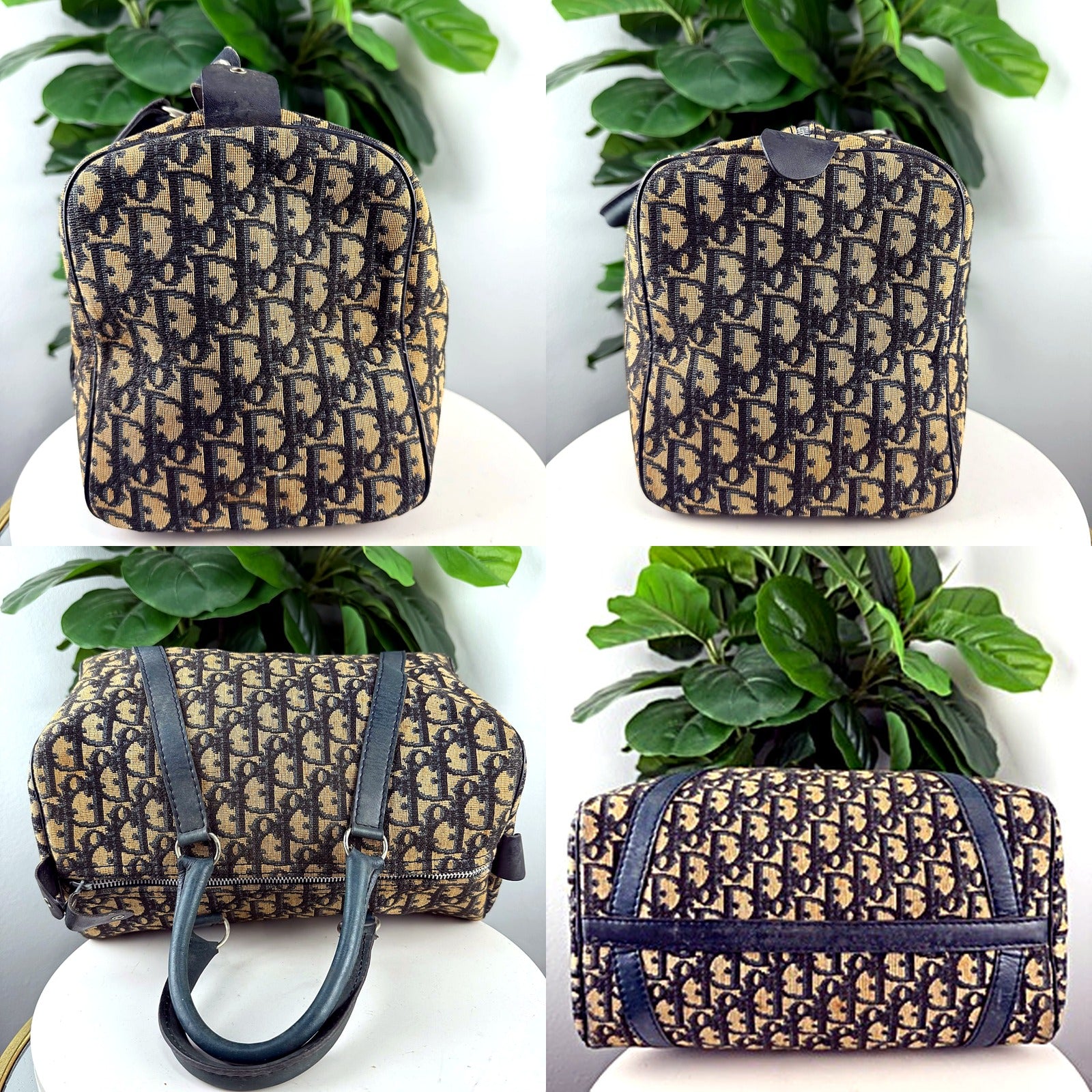 Authentic vintage Christian Dior Trotter Oblique monogram canvas Boston bag - side panels, handles, and half-moon tab closure detail
