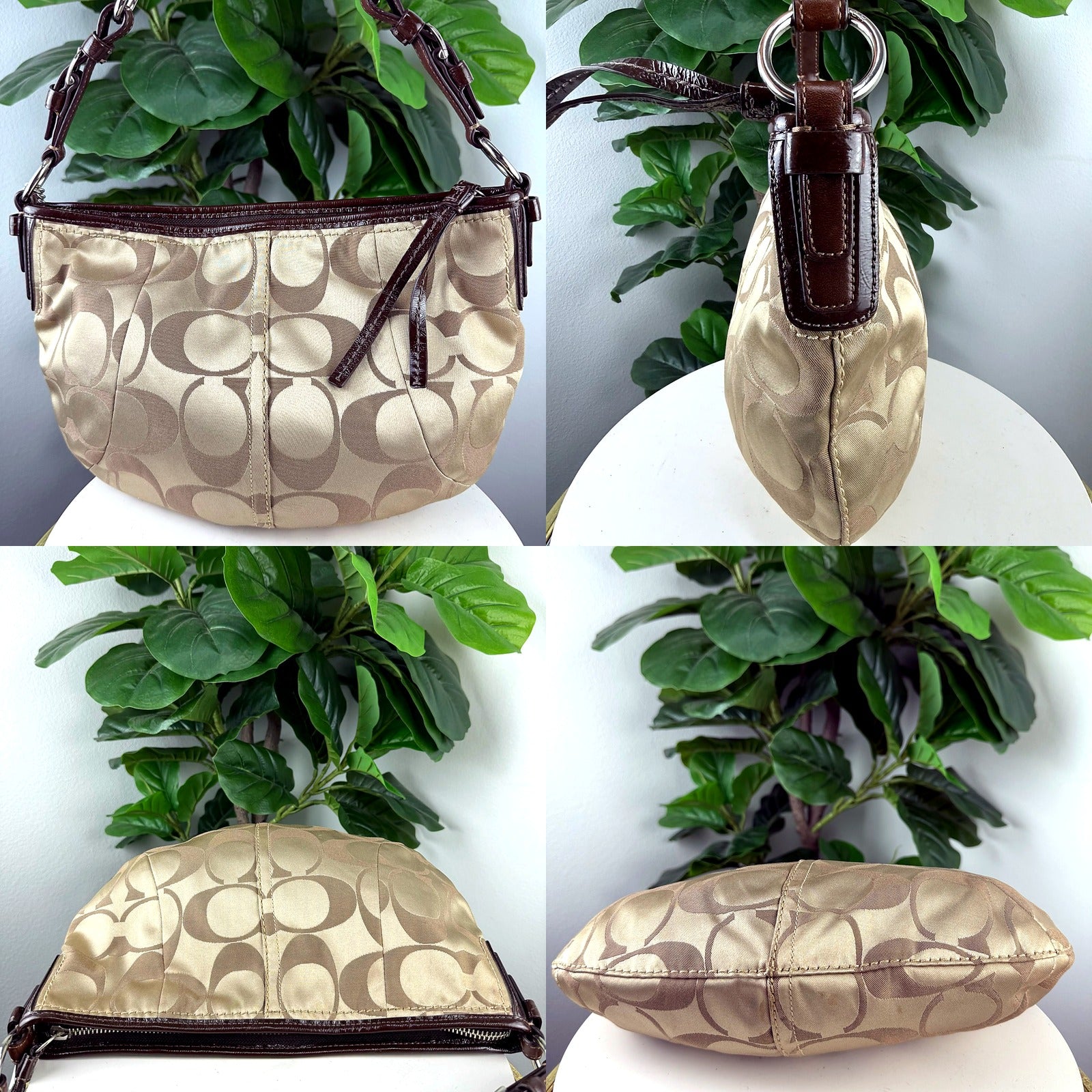 Authentic Coach khaki signature jacquard shoulder bag - front detail, strap hardware, top and base views