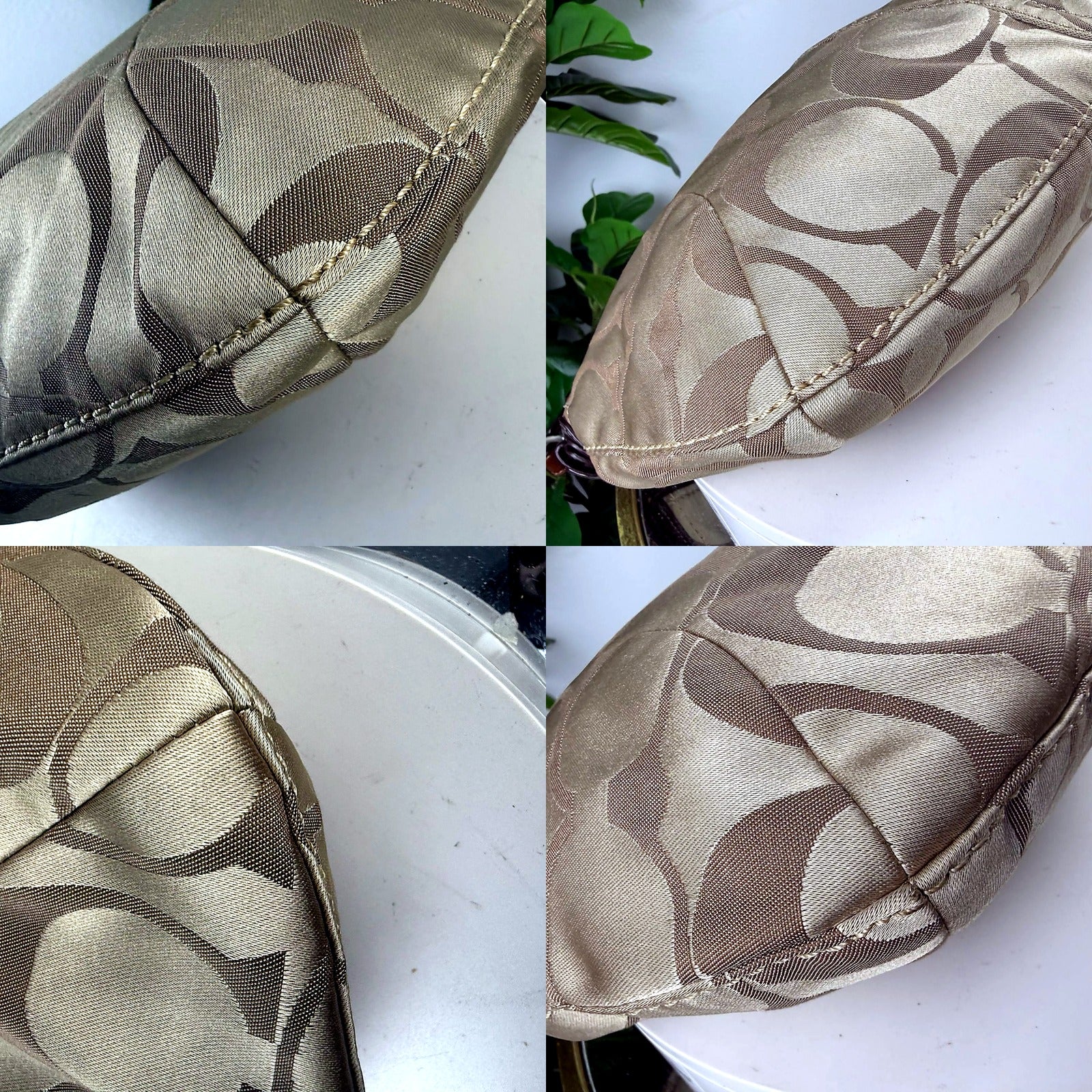 Authentic Coach khaki signature jacquard shoulder bag - macro seam and jacquard weave detail