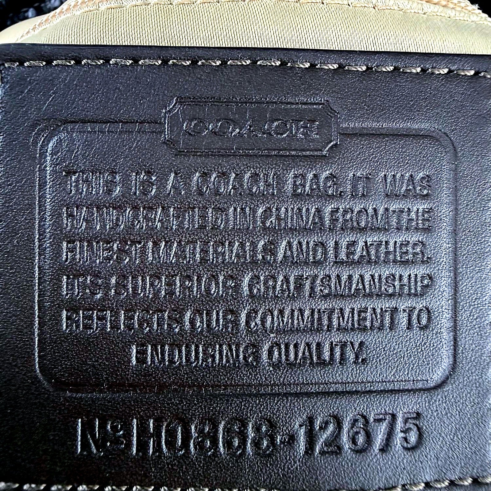 Authentic Coach khaki signature jacquard shoulder bag - embossed storypatch with style number H0868-12675