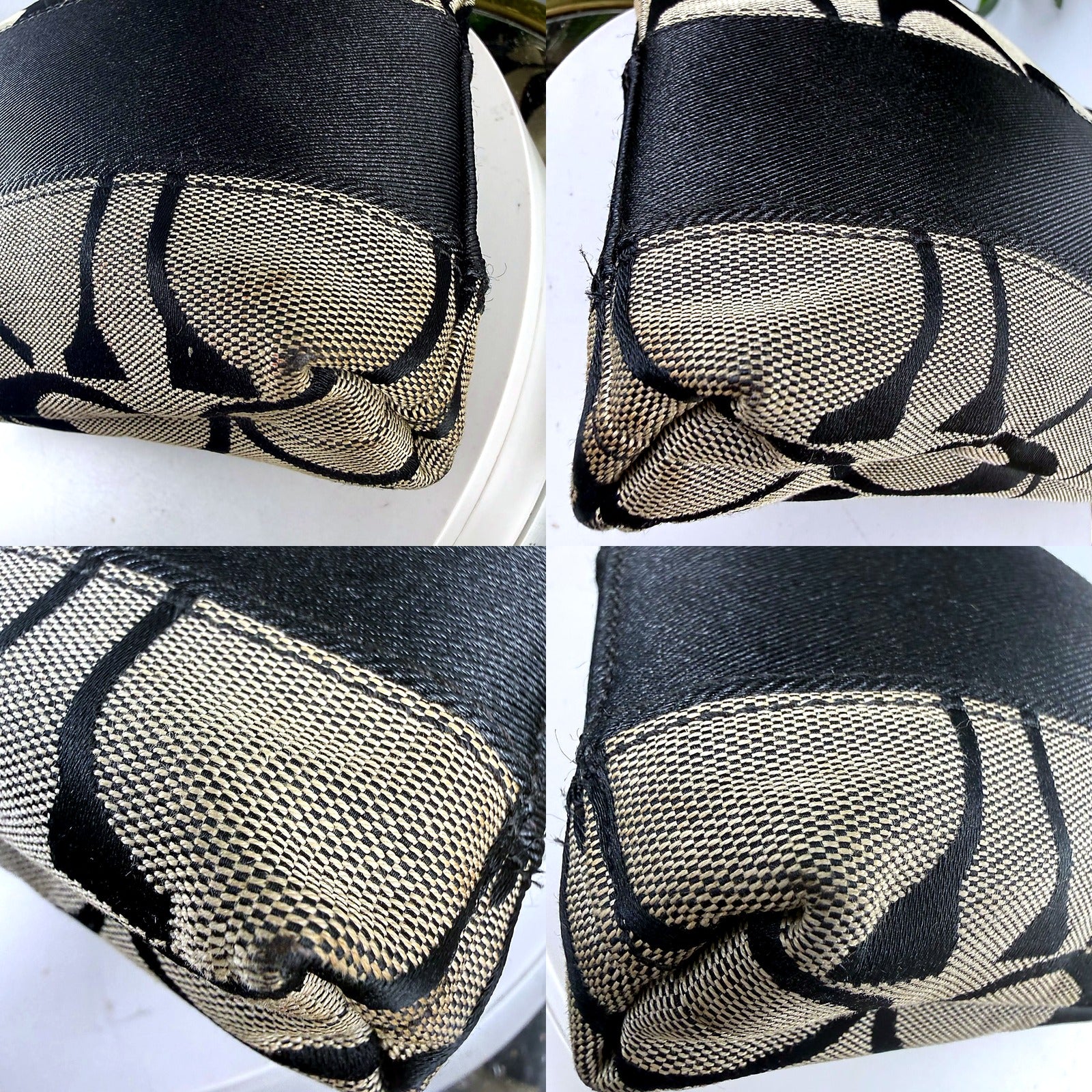Authentic Coach black tan signature jacquard crossbody swingpack bag bottom corner close ups showing condition