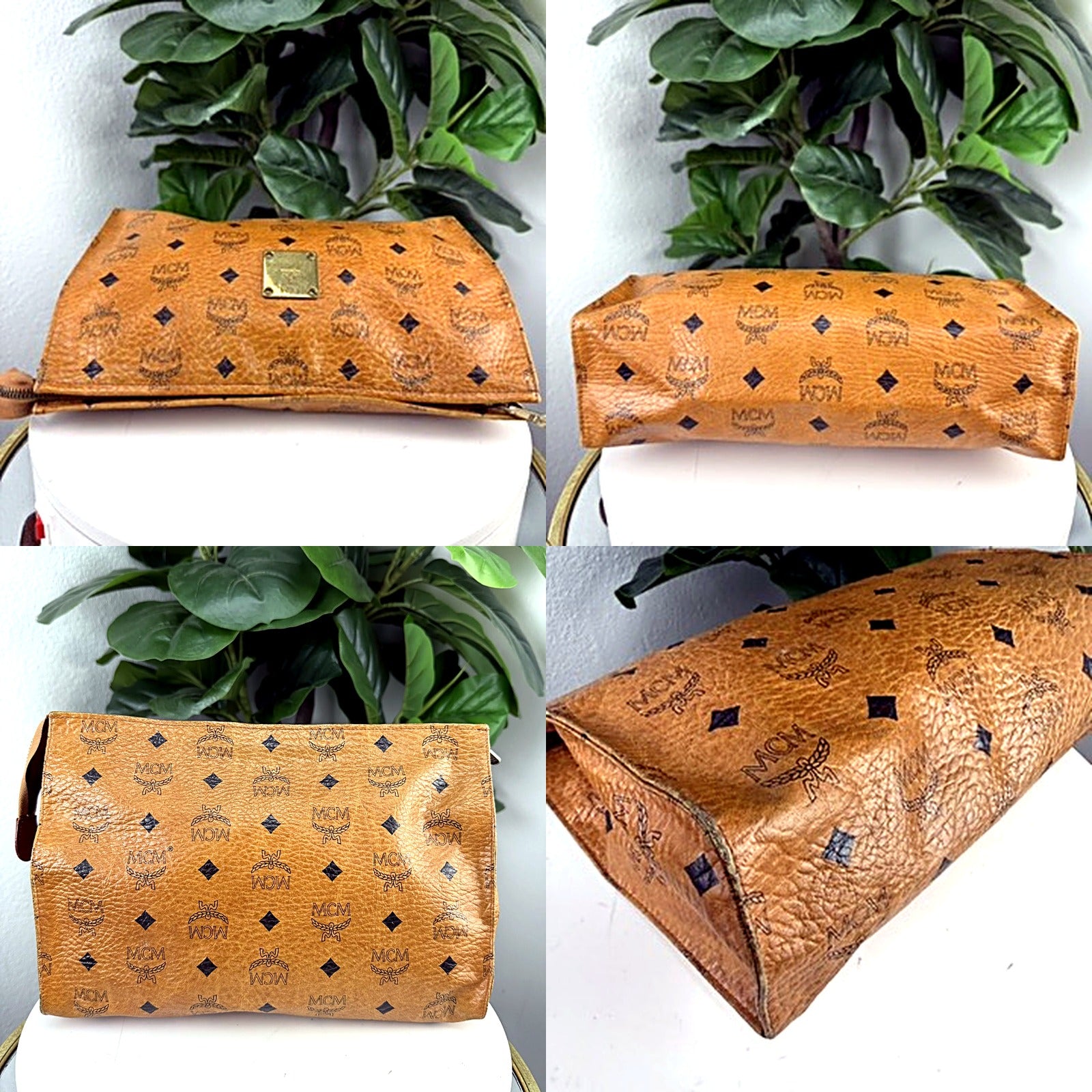 Authentic vintage MCM Visetos cognac monogram cosmetic bag clutch - base and bottom views