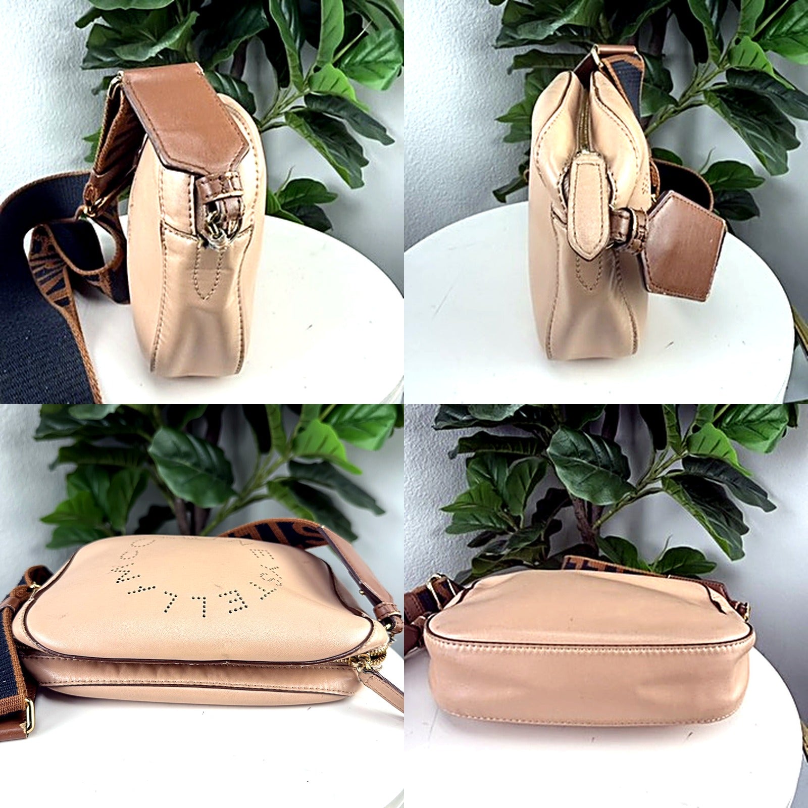 Authentic Stella McCartney blush perforated logo crossbody camera bag - hardware and side details