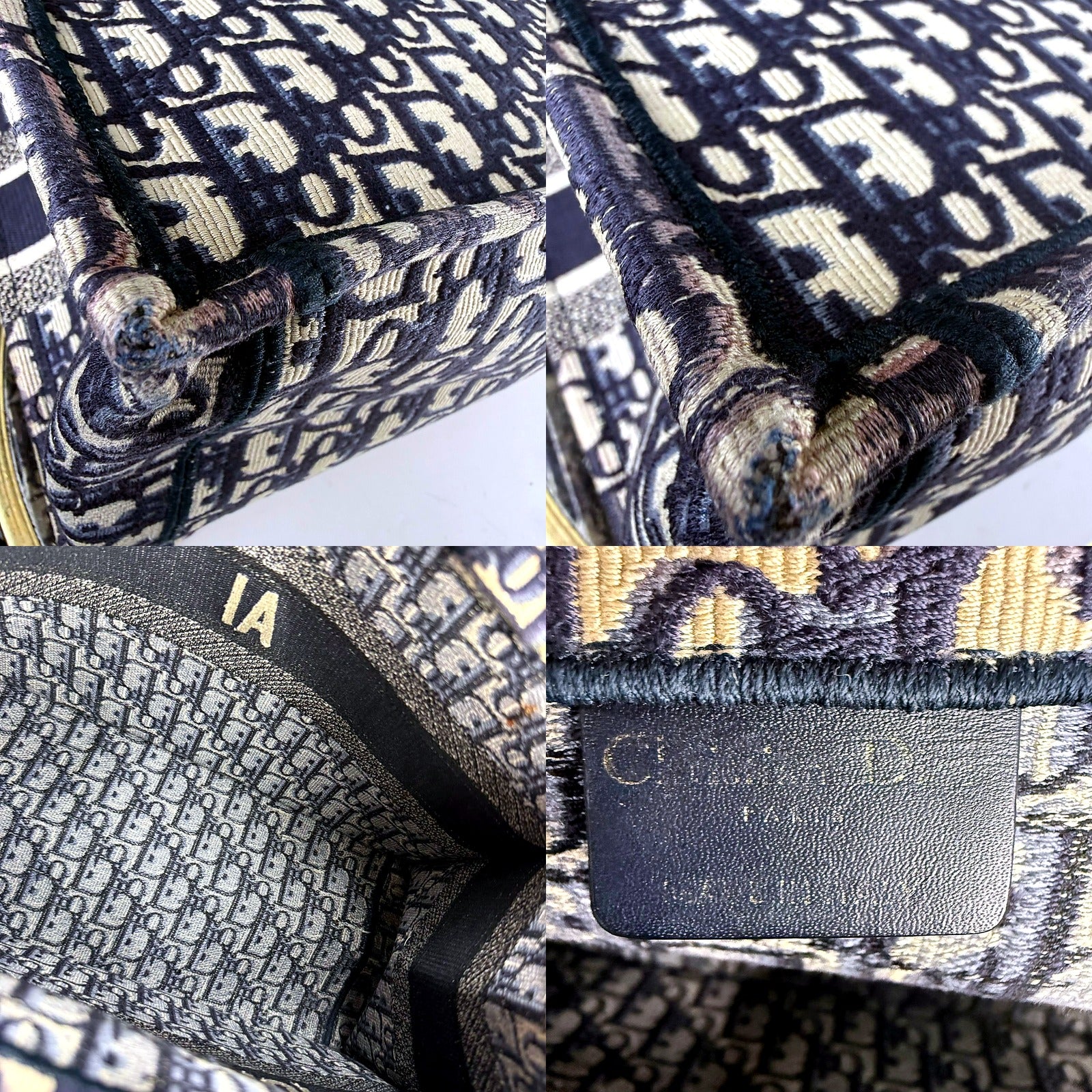 Christian Dior Book Tote frayed corner, interior lining, and authenticity tag
