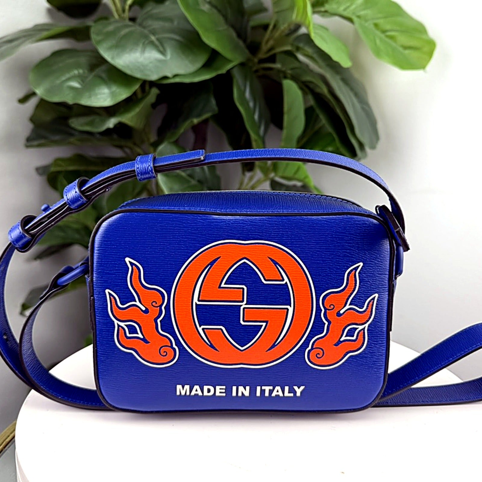 Authentic Gucci Blue Leather Chinese New Year Dragon Flame GG Camera Bag - front