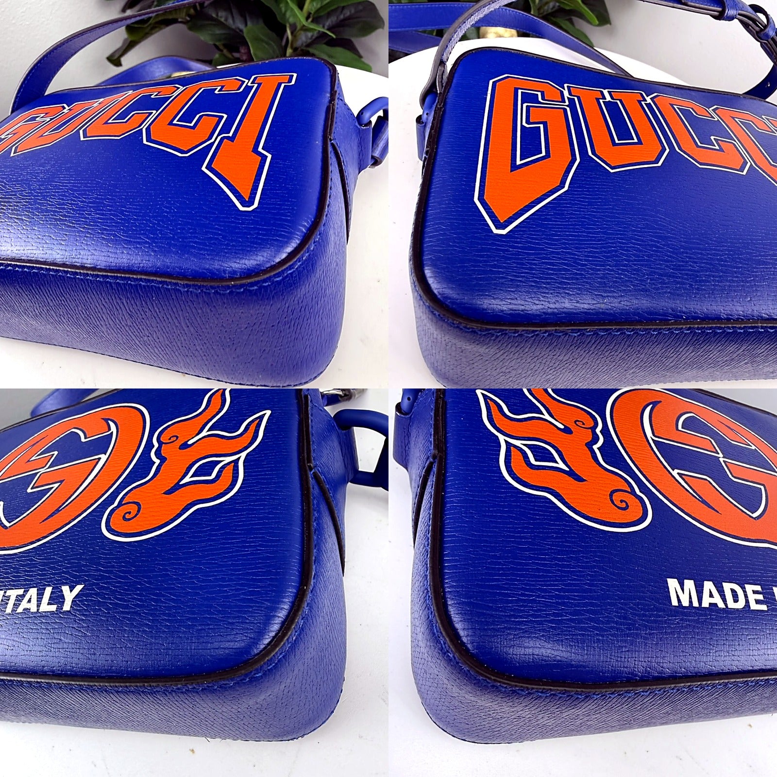 Authentic Gucci Blue Leather Chinese New Year Dragon Flame GG Camera Bag - graphic close-ups