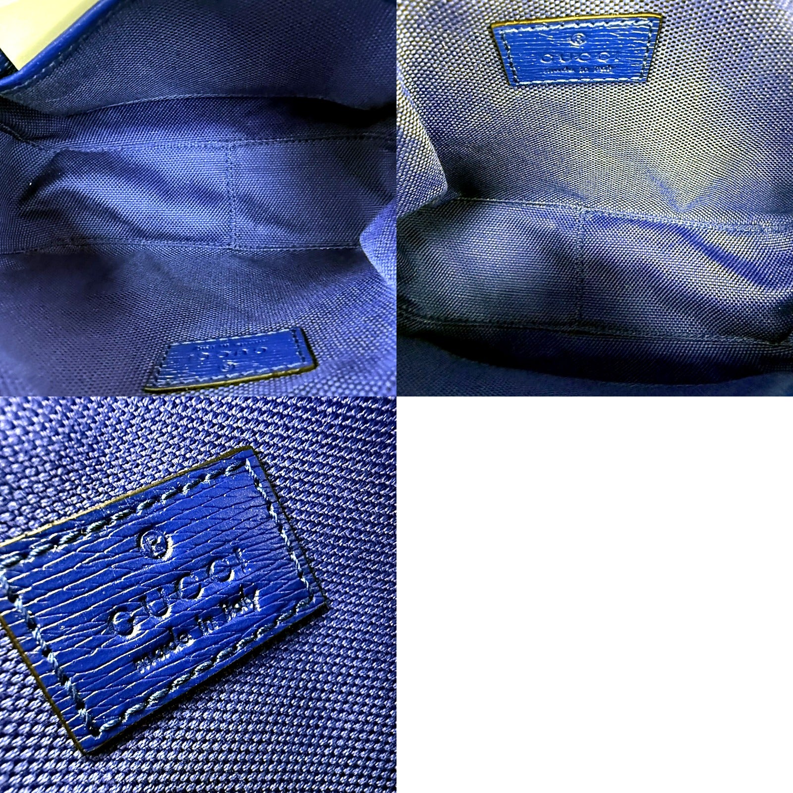Authentic Gucci Blue Leather Chinese New Year Dragon Flame GG Camera Bag - interior and tag