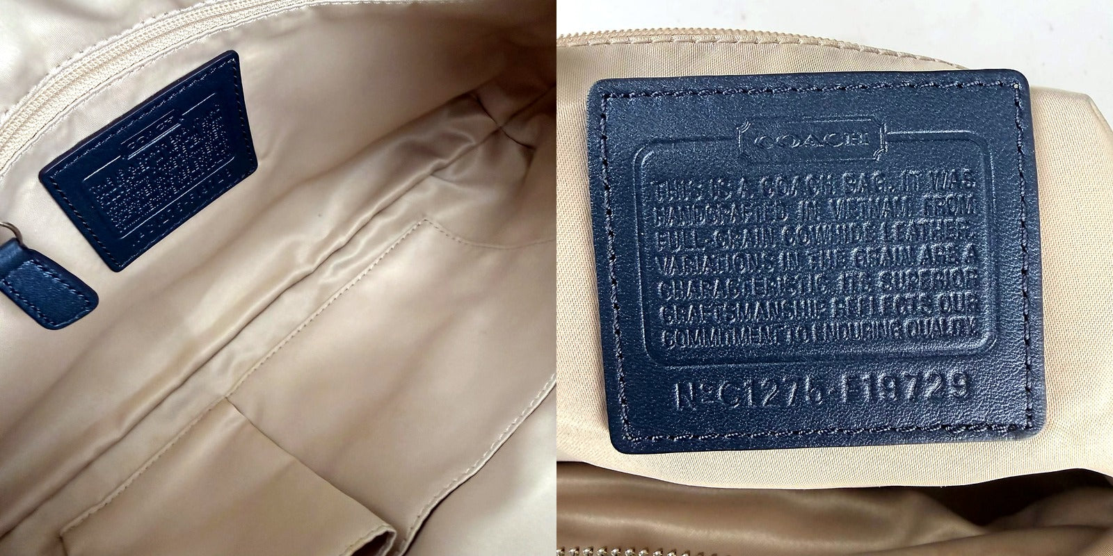 Coach navy shoulder bag interior lining and embossed Coach patch with style number