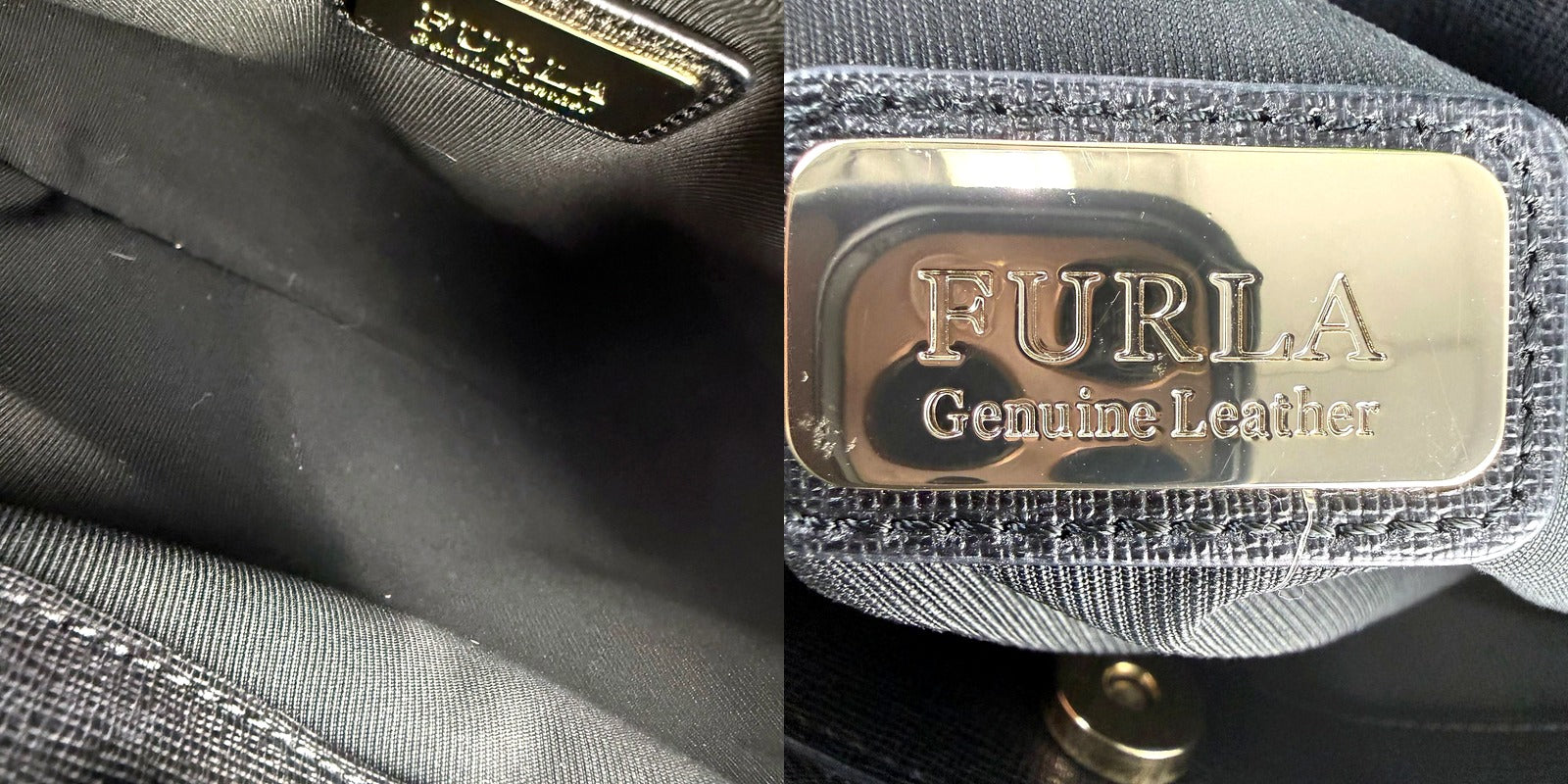 Furla tote interior lining and Genuine Leather tag detail