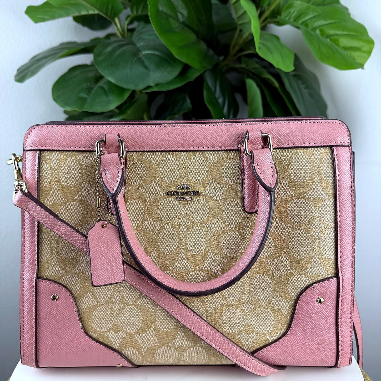 Authentic Coach Rowan pink leather trim satchel - front