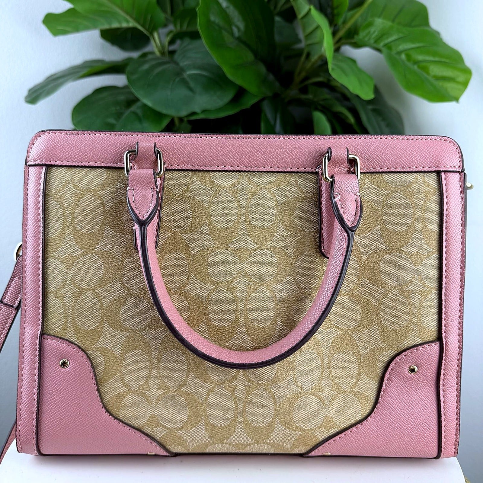 Authentic Coach Rowan pink leather trim satchel - back